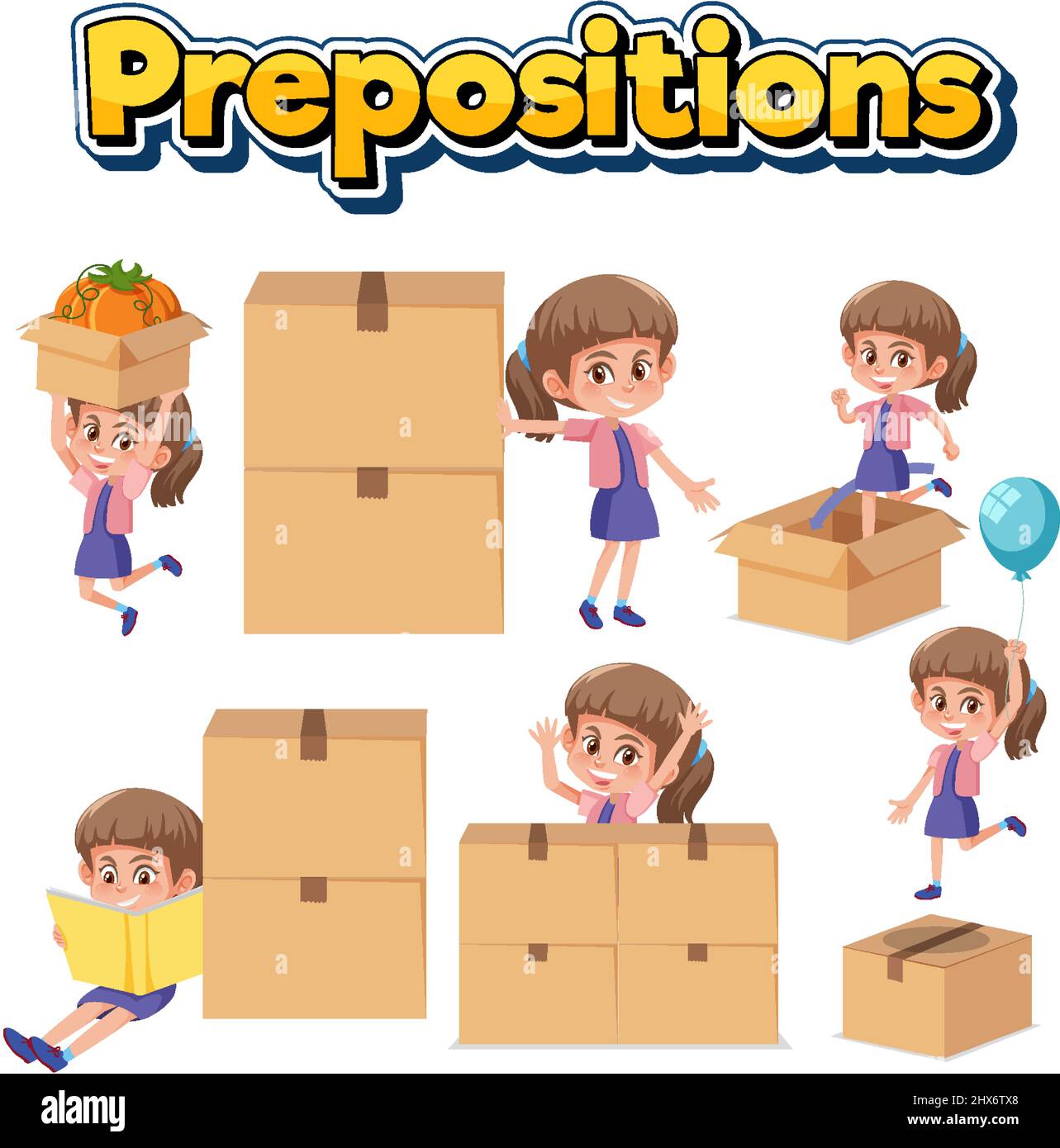 Preposition wordcard with girl and boxes illustration Stock Vector Image &  Art - Alamy