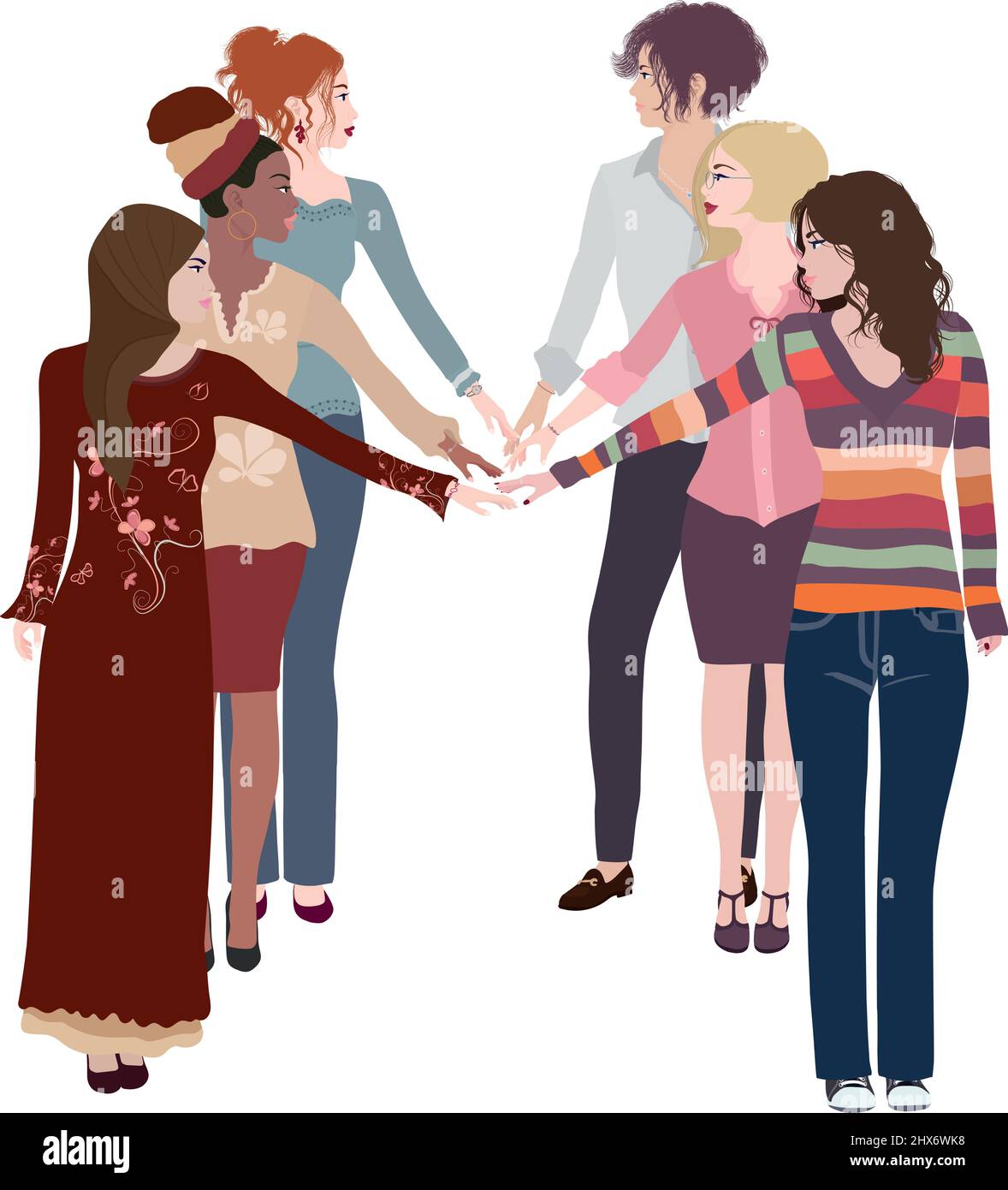 Empowerment. Isolated group multicultural women with outstretched arm ...