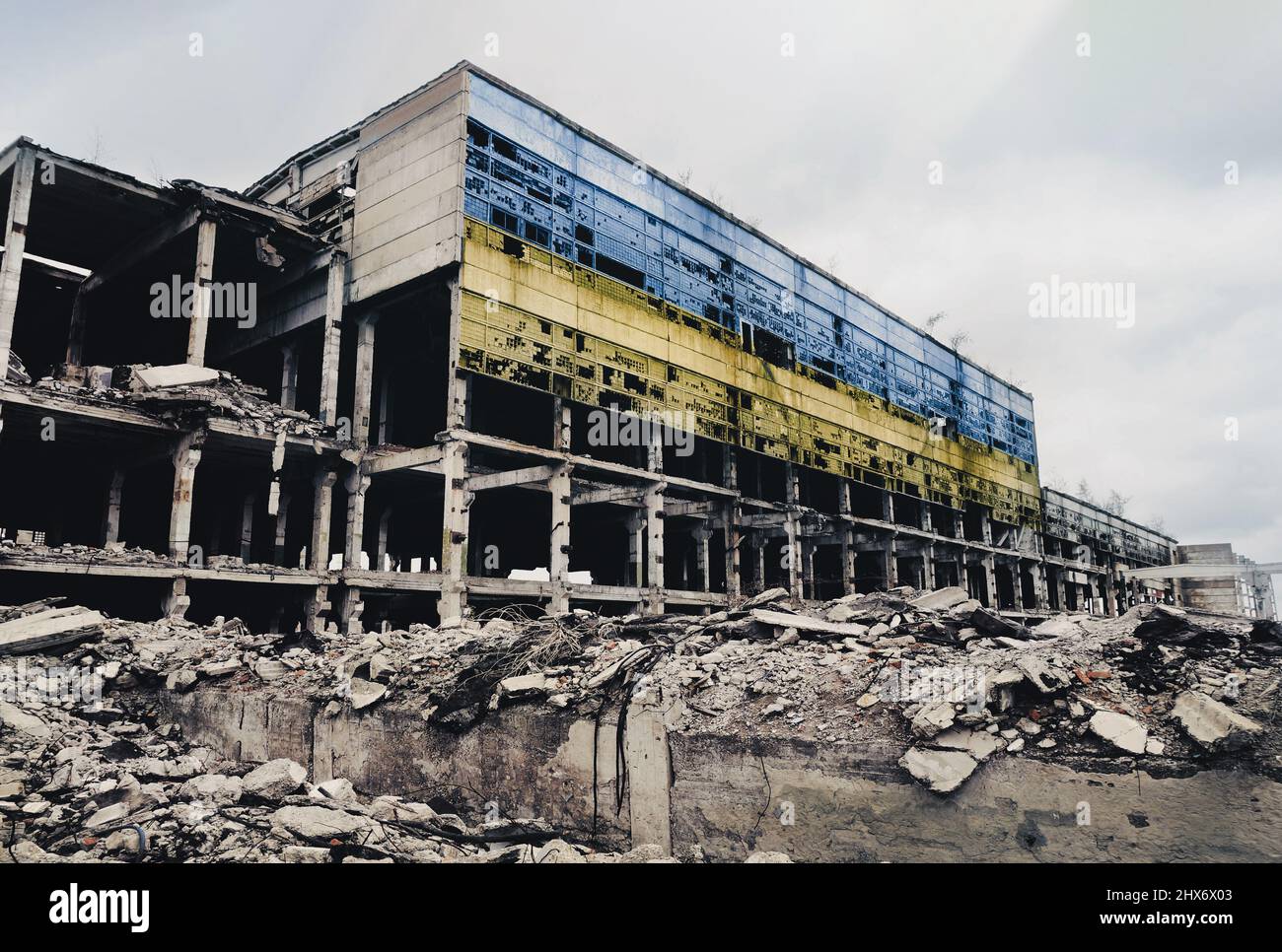 The concept of the aftermath of war. Illustration of the destruction after the war in Ukraine. Consequences of shelling by artillery shells and air st Stock Photo