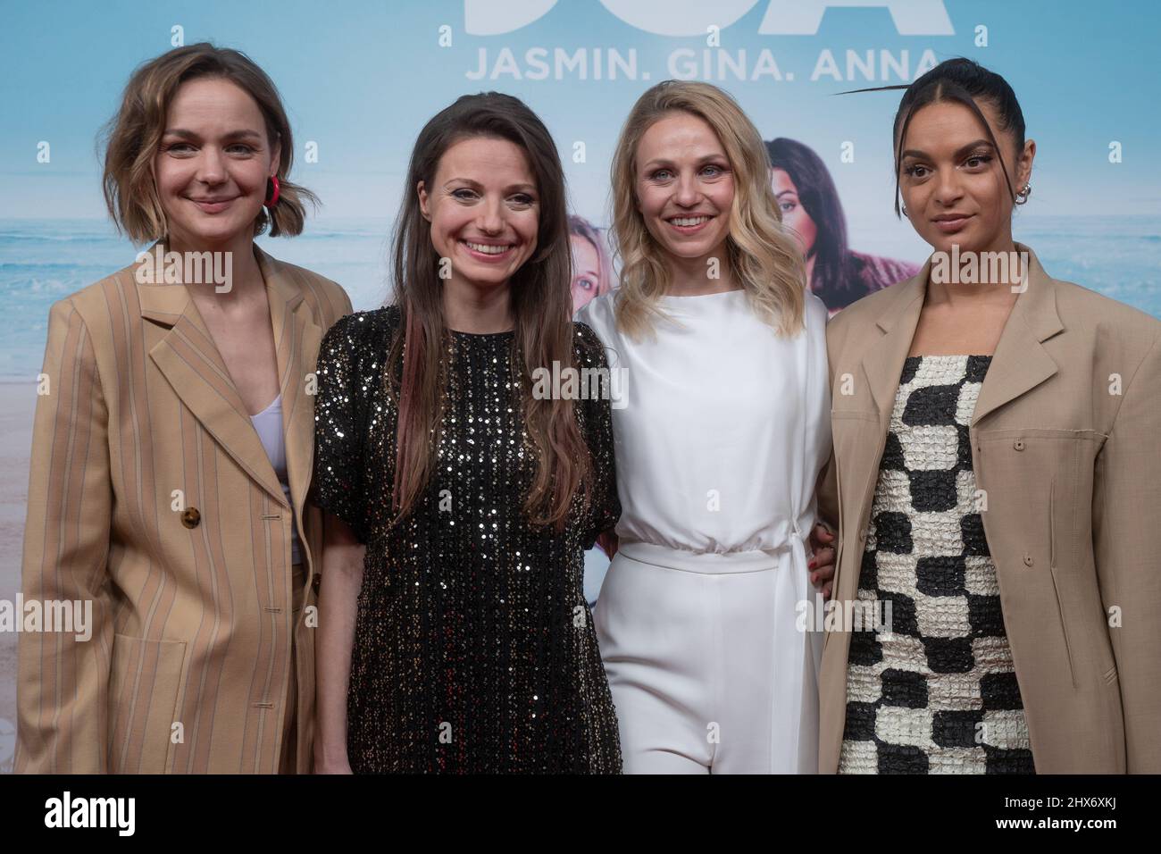 Munich, Germany. 09th Mar, 2022. Luise Heyer, Julia Hartmann, Teresa Rizos and Taneshia Abt on the Red Carpet. On March 9, 2022, the premiere of the film 'JGA Jasmin Gina Anna' took place at the Mathaeser in Munich. (Photo by Alexander Pohl/Sipa USA) Credit: Sipa USA/Alamy Live News Stock Photo