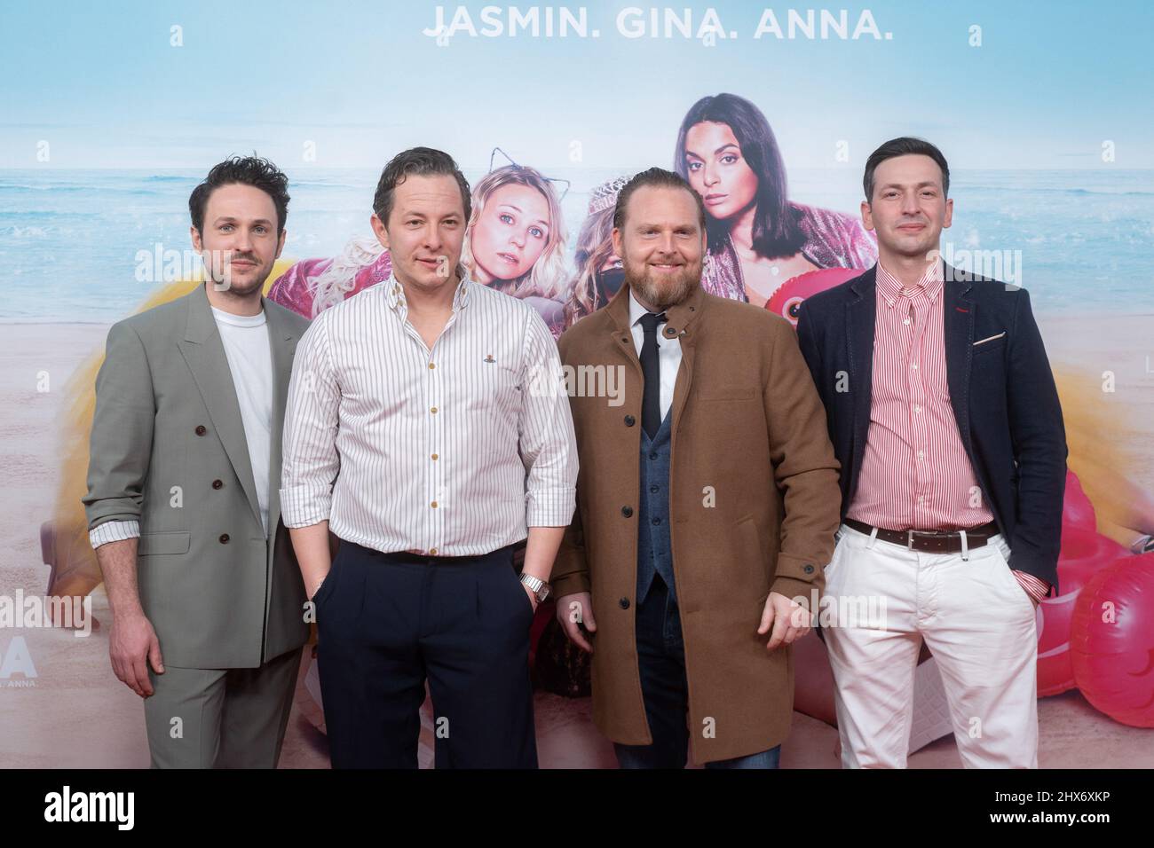 Munich, Germany. 09th Mar, 2022. Dimitrij Schaad, Trystan Puetter, Axel Stein and Arnel Taci on the Red Carpet. On March 9, 2022, the premiere of the film 'JGA Jasmin Gina Anna' took place at the Mathaeser in Munich. (Photo by Alexander Pohl/Sipa USA) Credit: Sipa USA/Alamy Live News Stock Photo