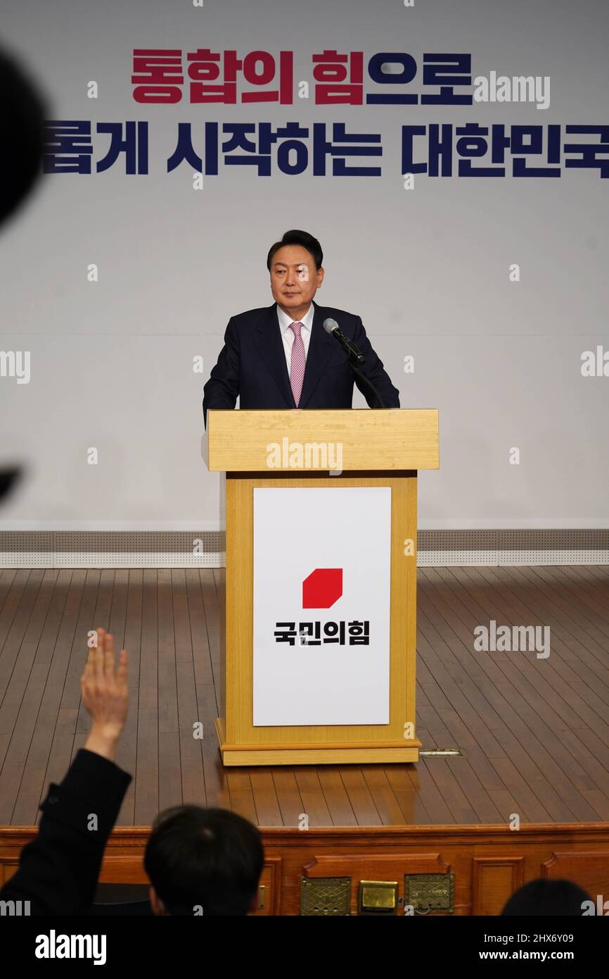 Seoul, South Korea. 10th Mar, 2022. President-elect Yoon Suk-yeol speaks during a press conference at the National Assembly Library in Seoul, South Korea, March 10, 2022. Yoon Suk-yeol of the main conservative opposition People Power Party won a narrow victory in the South Korean presidential election amid people's aspiration for transfer of power. Credit: James Lee/Xinhua/Alamy Live News Stock Photo