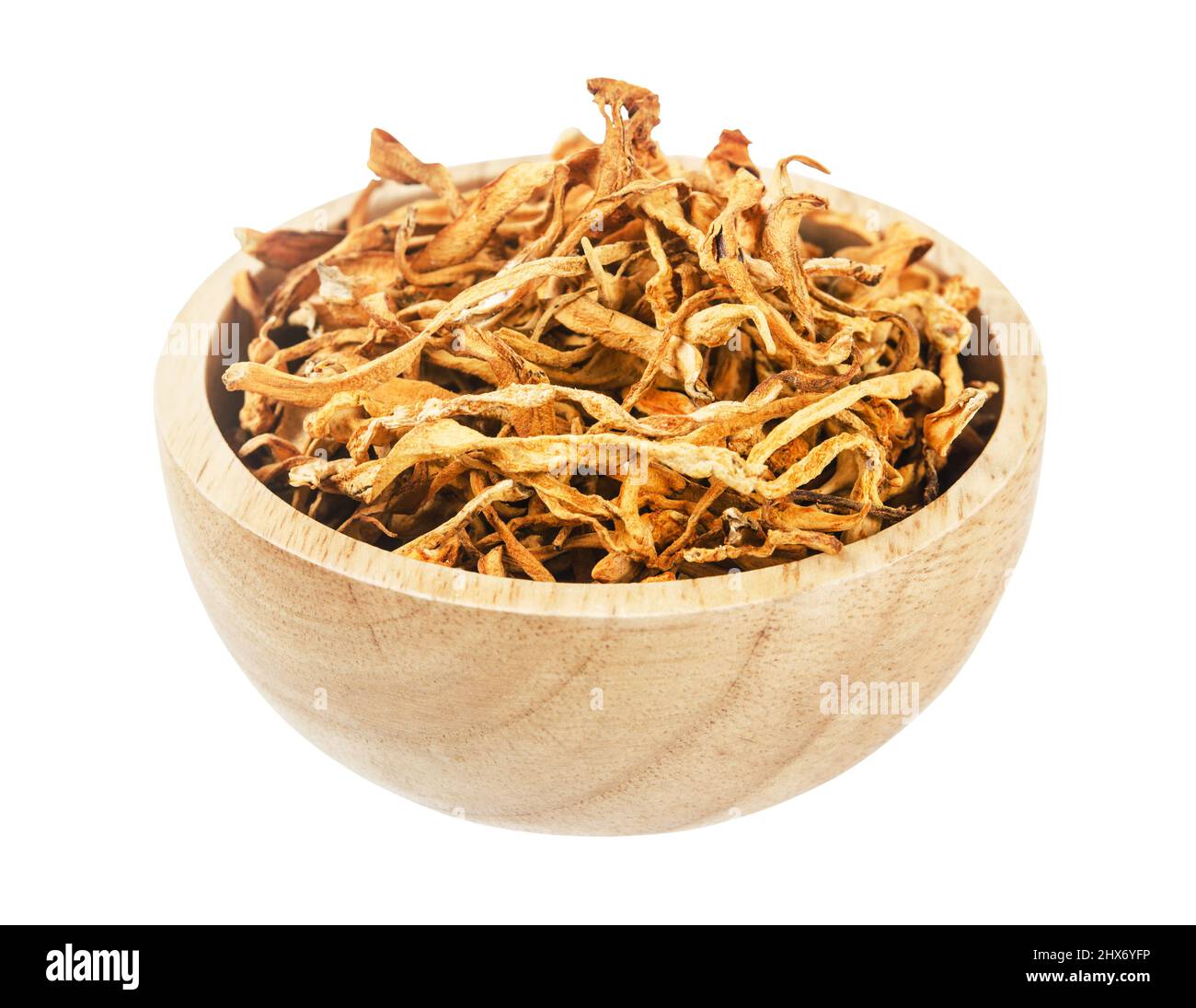 Dried cordyceps militaris mushroom in wooden bowl isolated on white background, Save clipping path. Stock Photo