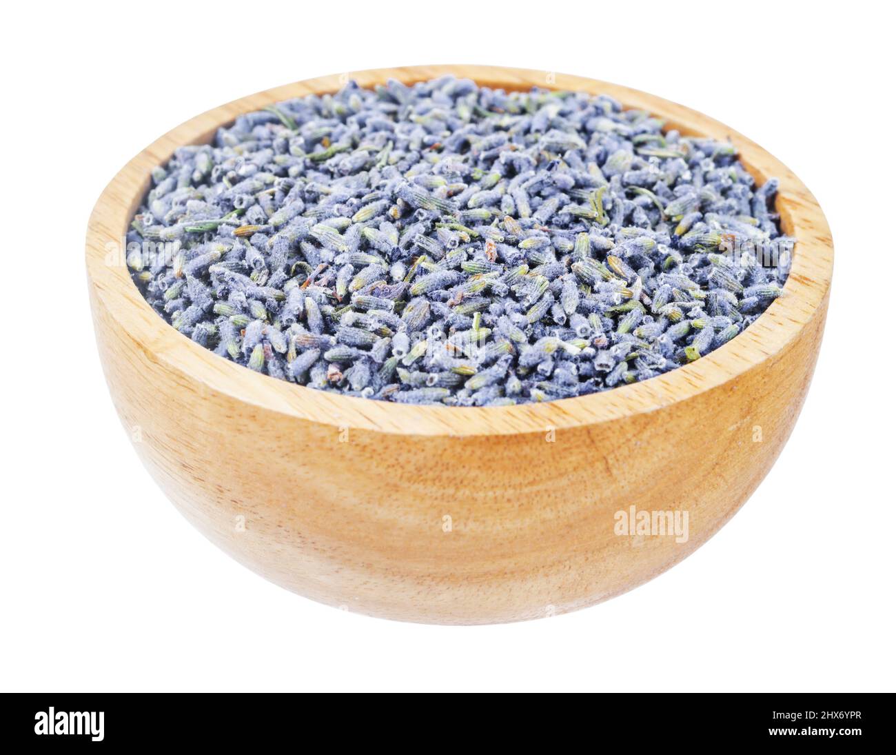 Dry lavender flowers in wooden bowl isolated on white background, Save clipping path. Stock Photo