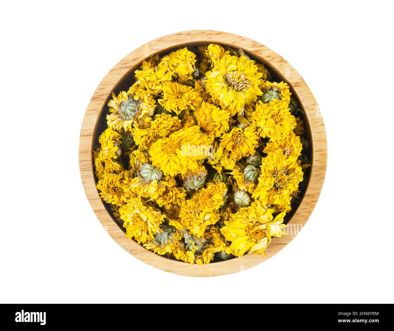 Dried Chrysanthemum Flowers in a wooden bowl isolated on a white