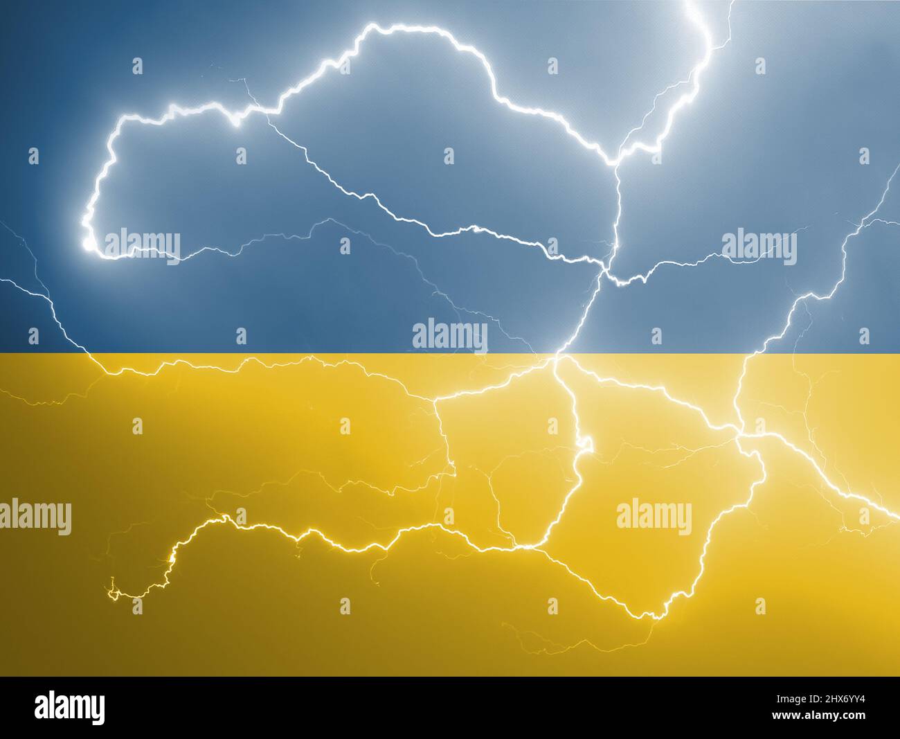 Ukrainian national flag pattern cracked earth, war concept. Stock Photo