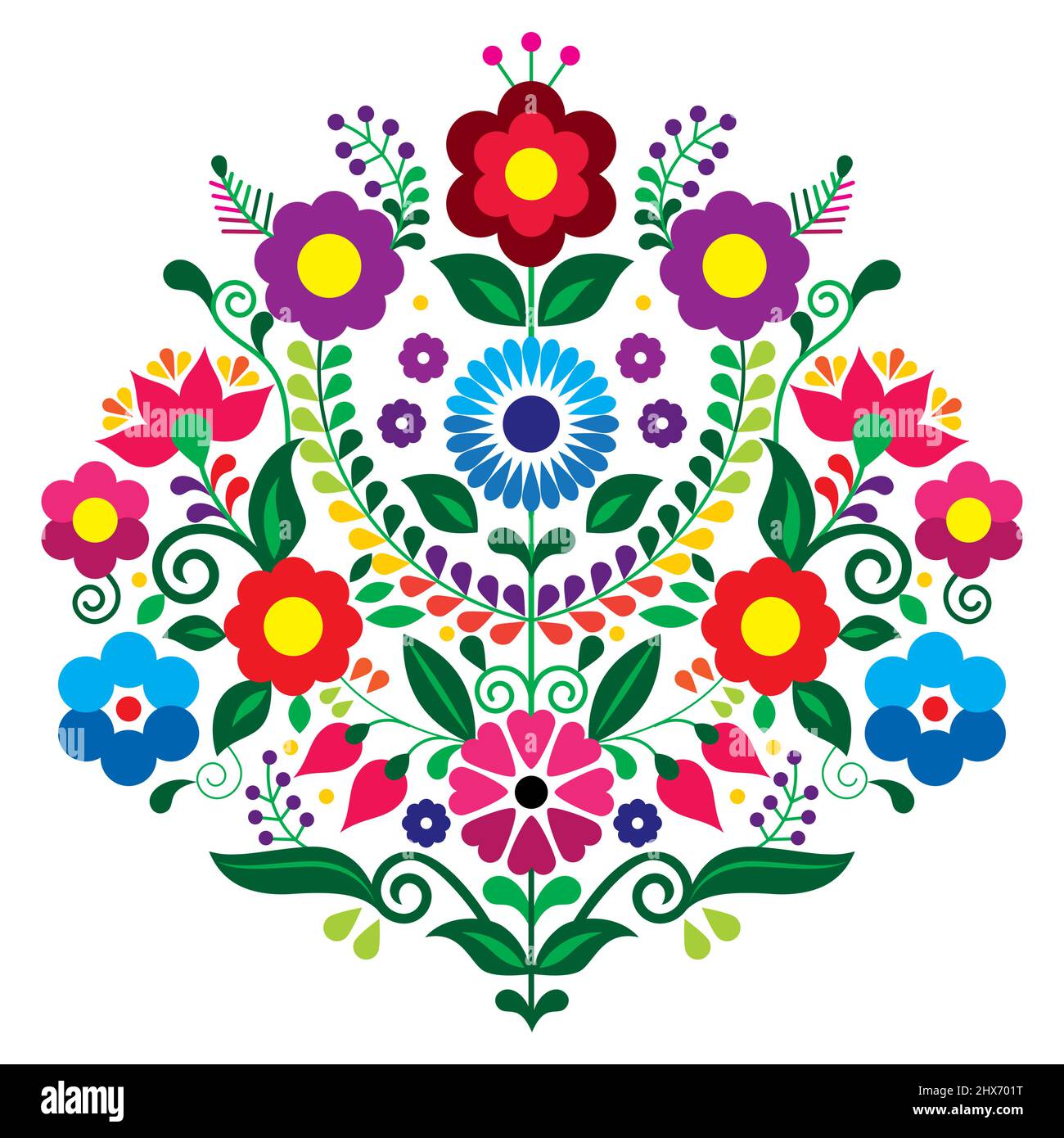 Mexican traditional floral embroidery style vector design composition with flowers, vibrant pattern inspired by folk art from Mexico Stock Vector