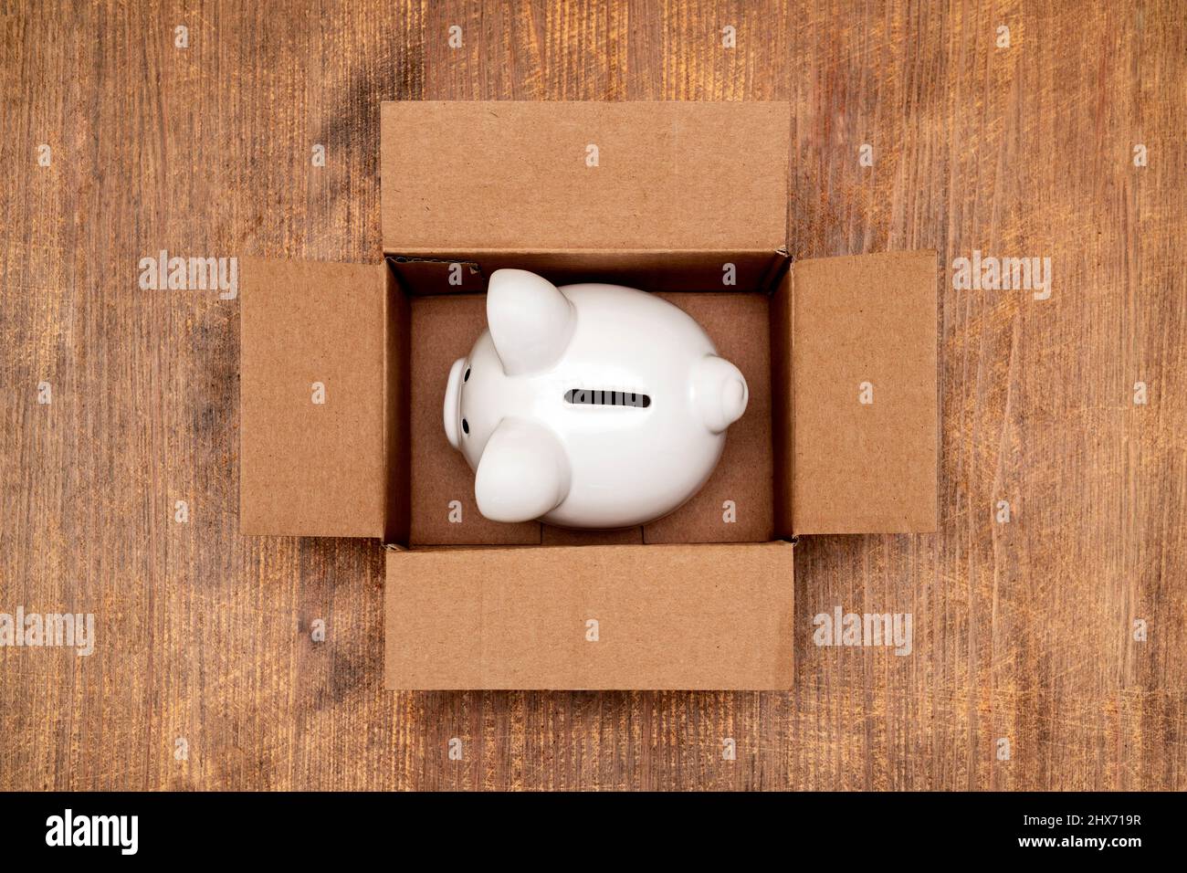 Ceramic piggy bank in open box made from corrugated cardboard Stock