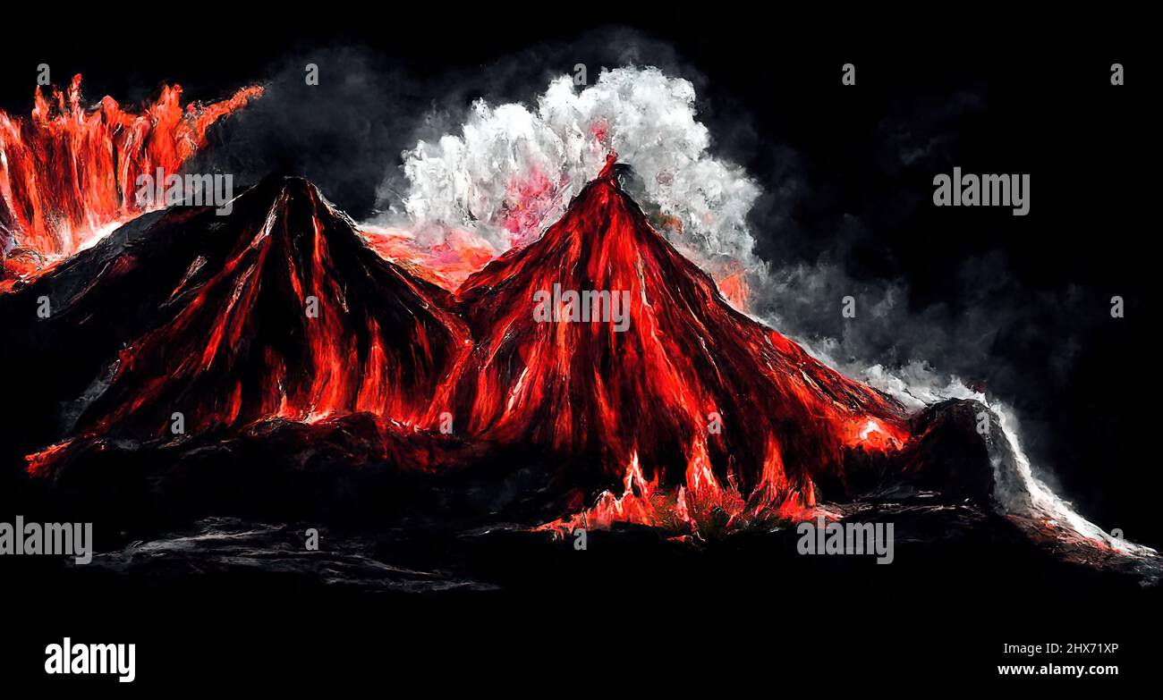 Apocalypse, volcanic eruption. Lava magma flows flow down volcano mouth