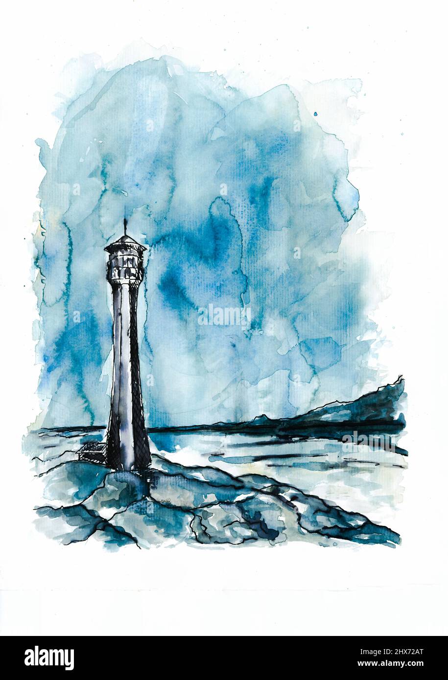 Lighthouse. Watercolour painting. Lighthouse, sea and sky painting. Stock Photo