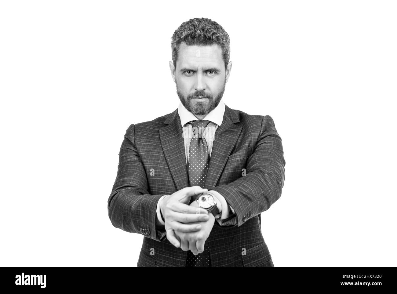 Bearded businessman in business suit show wrist watch face isolated on white, deadline Stock Photo