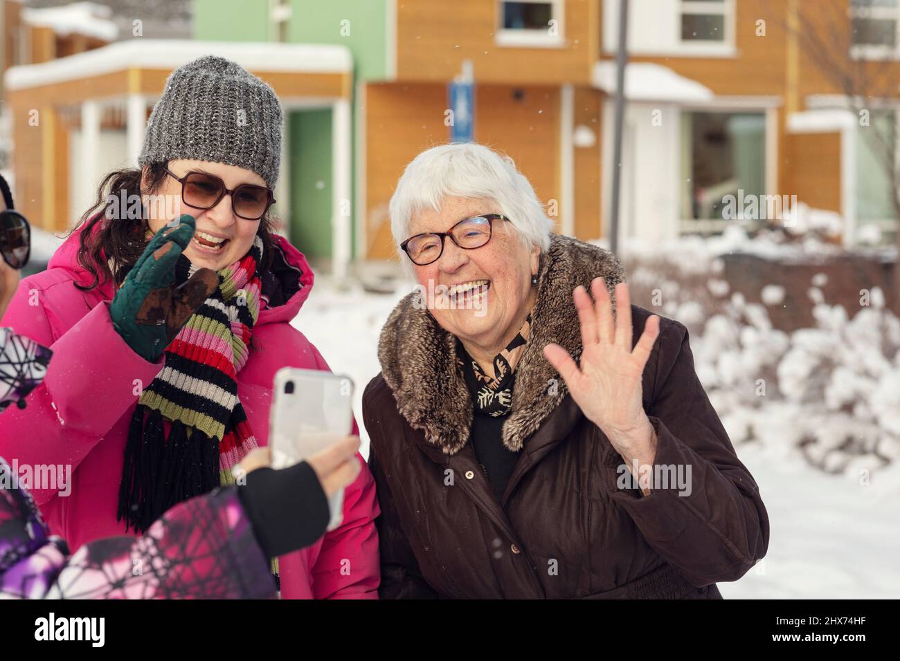 Smiling women taking selfie Stock Photo