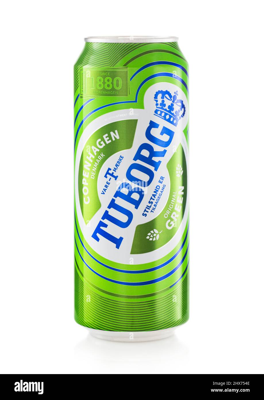 LONDON,UK - February 27,2022: Tuborg lager original green beer on white. Product of Copenhagen Stock Photo