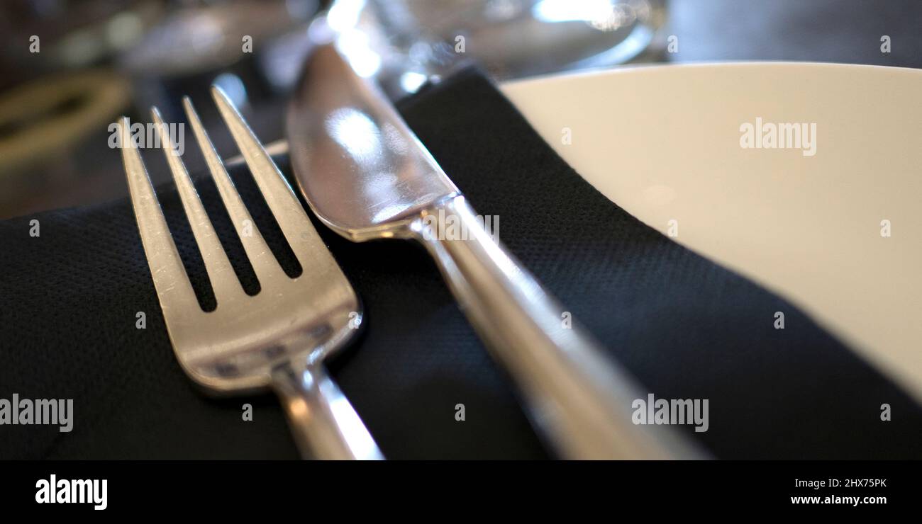 Table Cutlery, Table Setting, Fork and Knife Restaurant Serving Stock Photo