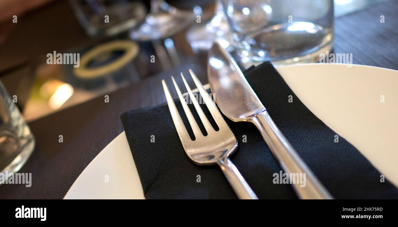 Table Cutlery, Table Setting, Fork and Knife Restaurant Serving Stock Photo