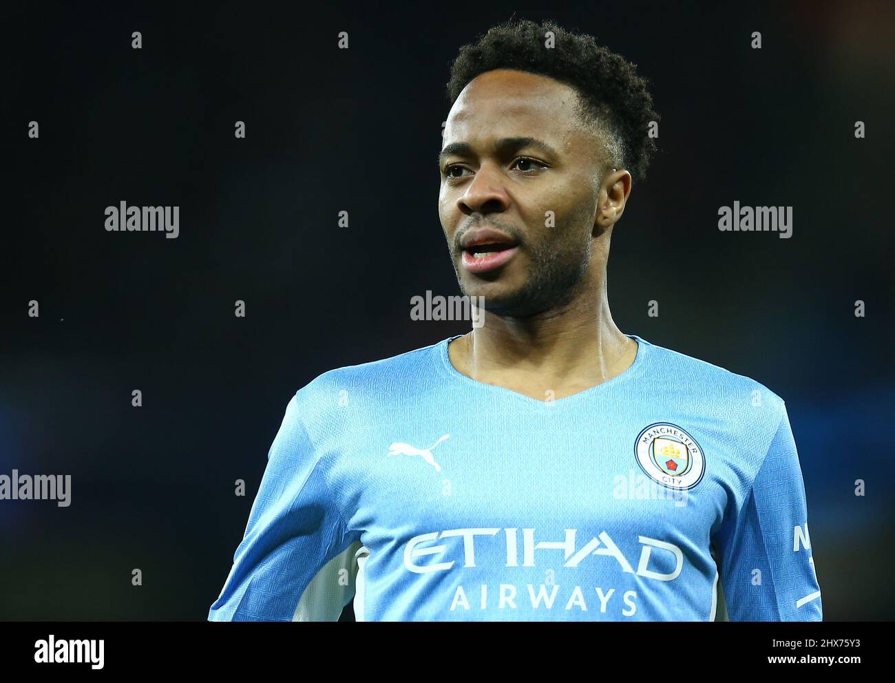 Manchester, UK. 09/03/2022, Raheem Sterling of Manchester City during the Manchester City vs Sporting Lisbon football match, UEFA Champions League, Round of 16, Leg 2 of 2, Etihad Stadium, Manchester, UK. 9th March 2022. Credit: Michael Zemanek/Alamy Live News Stock Photo