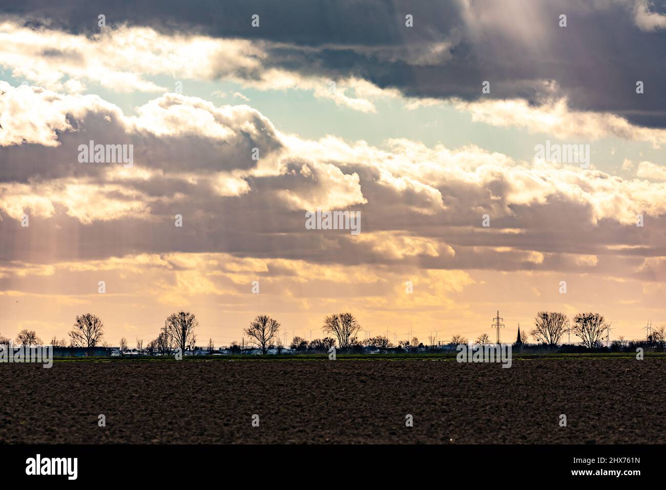 A field, trees, windmills and a spectacular sky with dramatic dark and reddish clouds and sunbeams Stock Photo