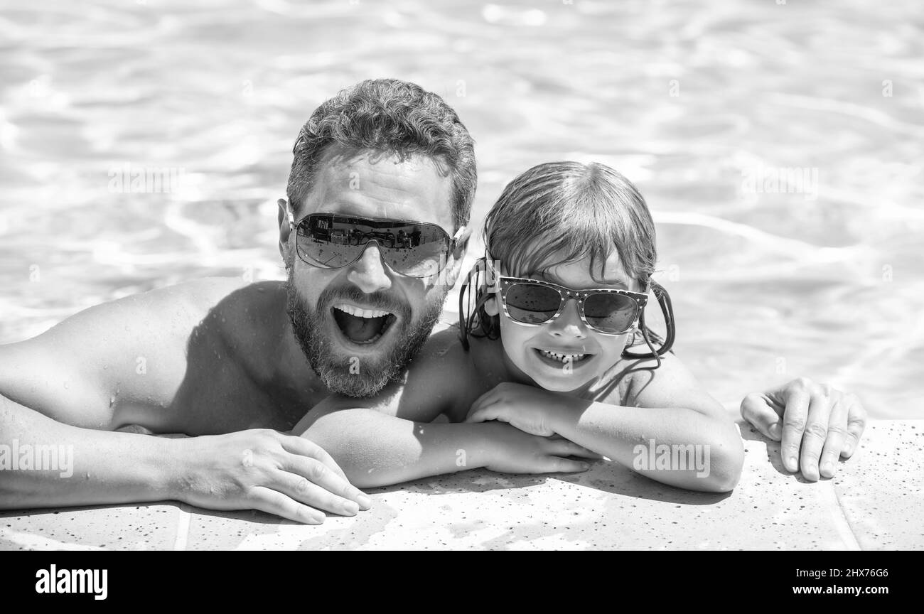 daddy with kid boy on spa resort. summer holidays weekend at family day. Stock Photo