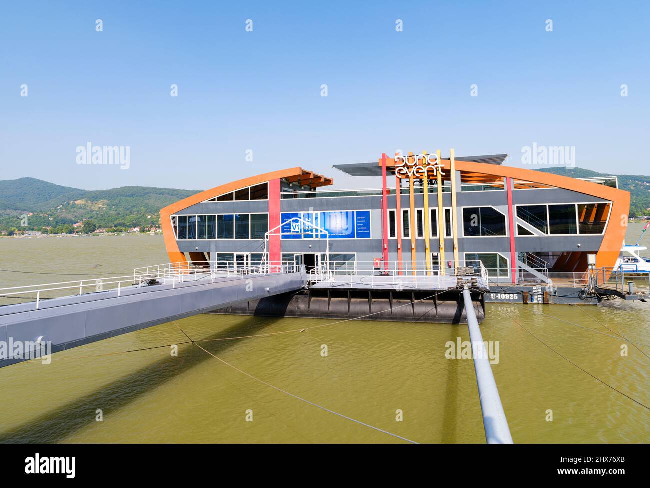 Ship used for events. The Danube near Visegrad at the Danube Bend. Europe, East Europe, Hungary Stock Photo