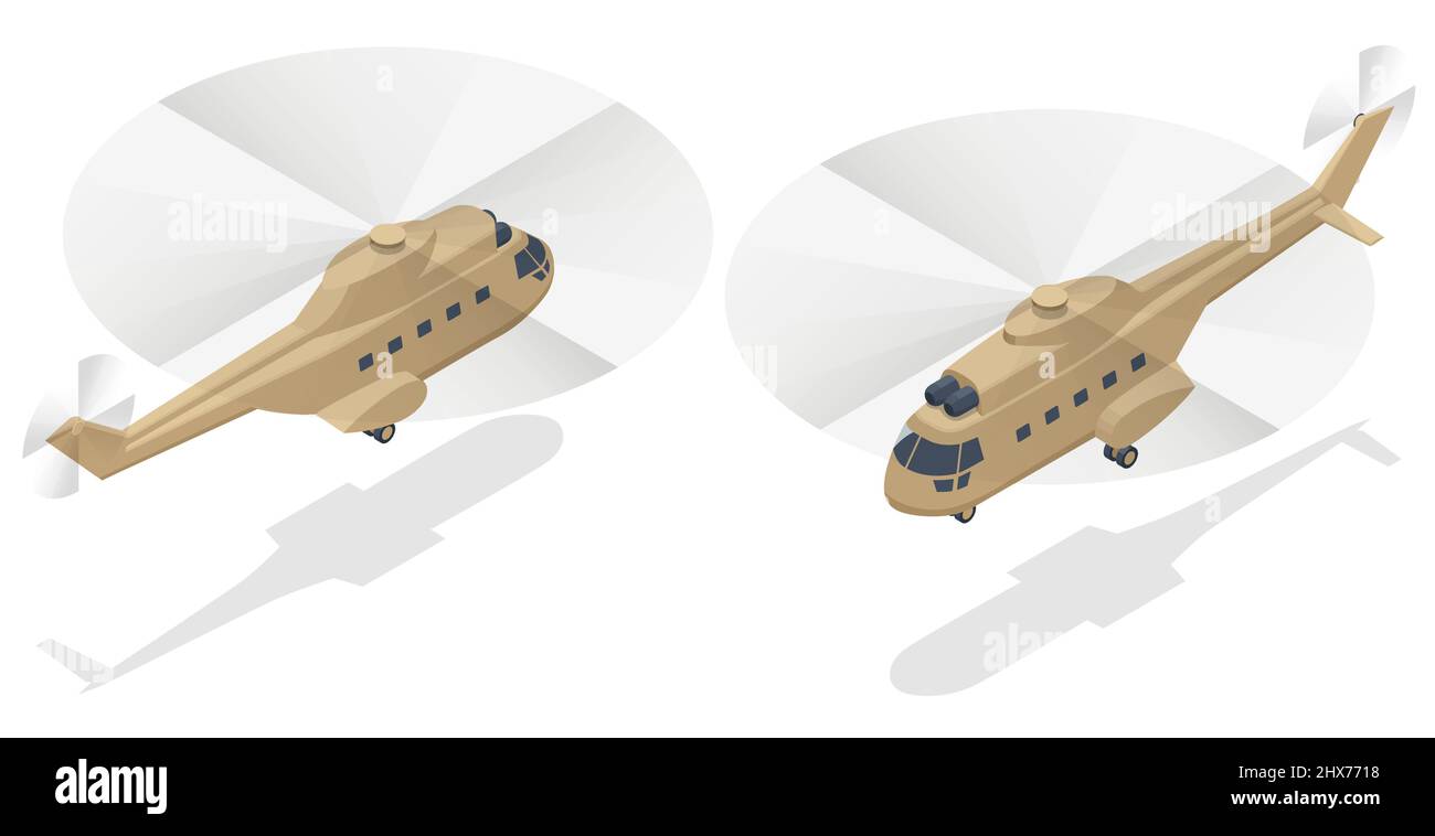 Isometric Military helicopter vector. Transport helicopter flying Stock Vector