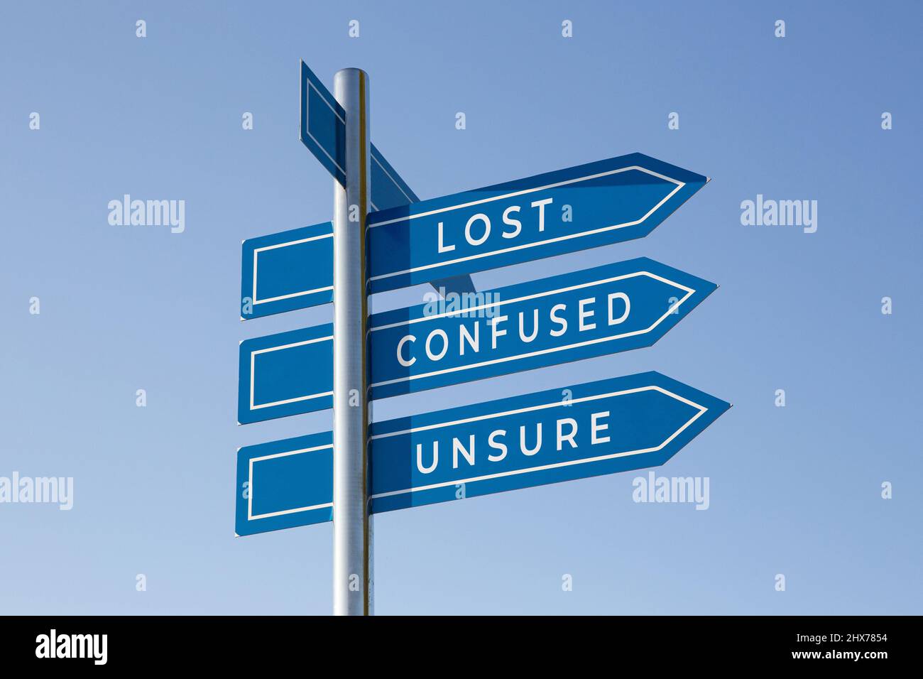 Lost confused unsure words on signpost isolated on sky background Stock Photo