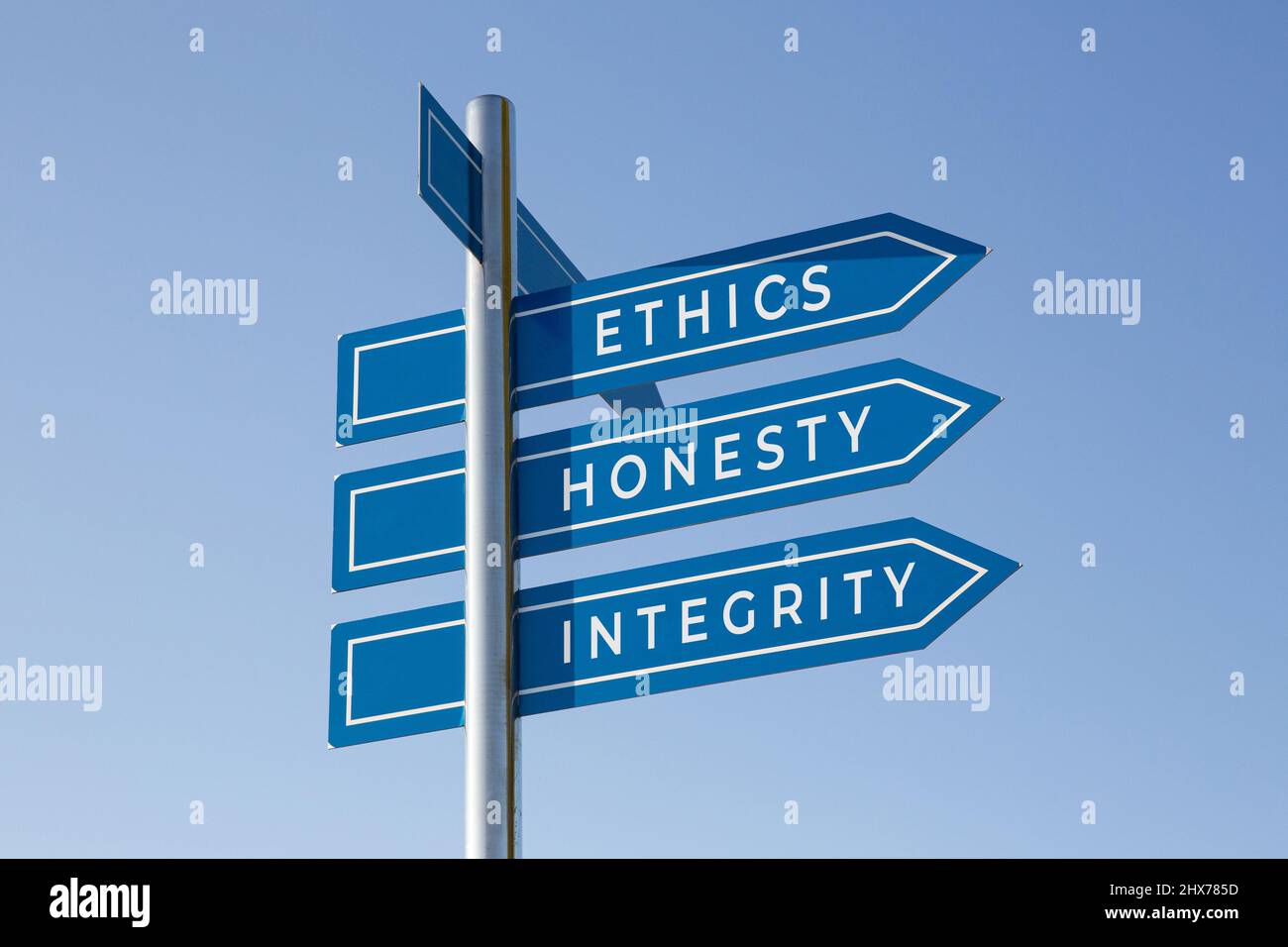 Ethics honesty integrity words on signpost isolated on sky background Stock Photo