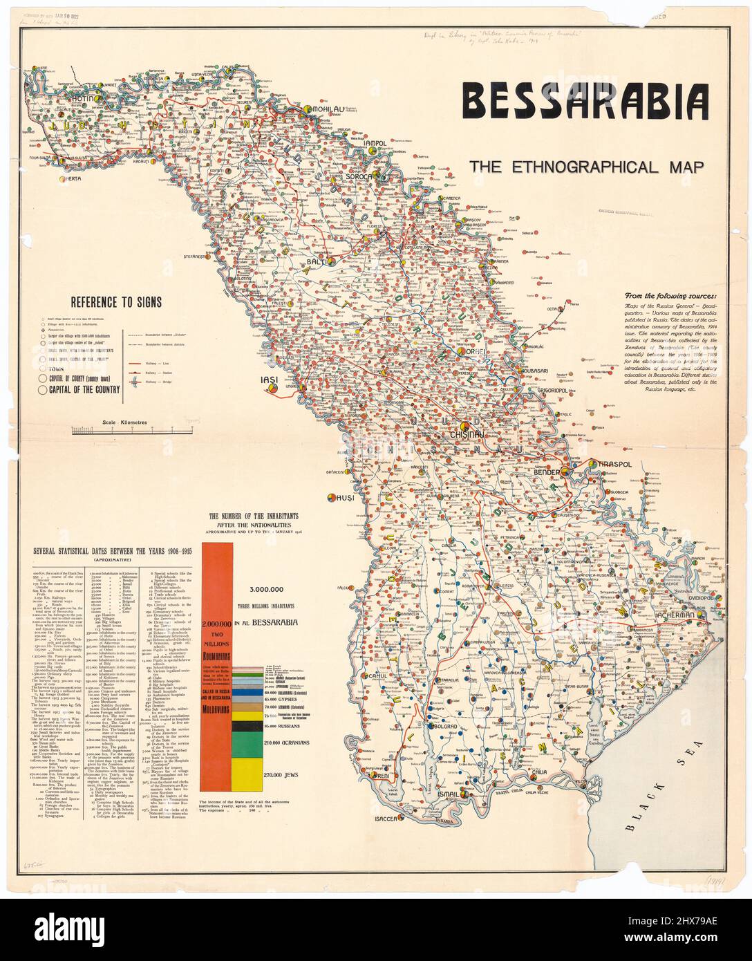 Vintage map Moldova (Bessarabia), the Ethnographical Map by Captain John Kaba 1919 Stock Photo