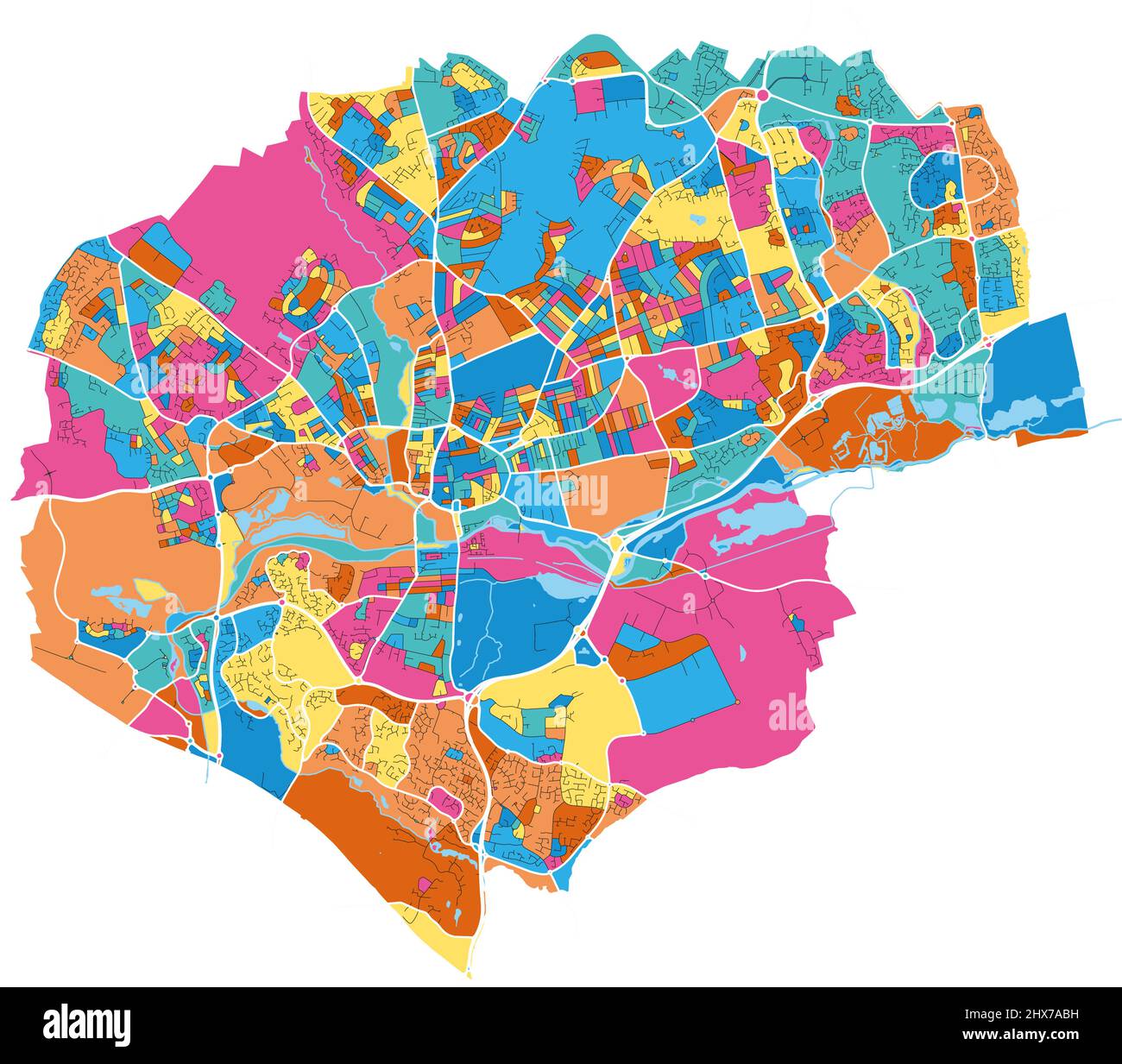 Northampton, East Midlands, England colorful high resolution vector art map with city boundaries. White outlines for main roads. Many details. Blue sh Stock Vector