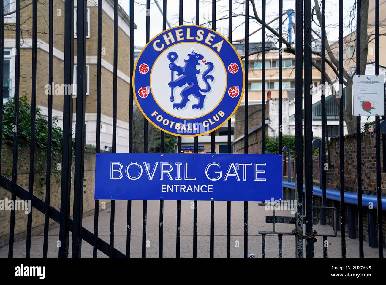 The Bovril Gate Entrance at Stamford Bridge, home of Chelsea FC, London. Roman Abramovich has been sanctioned by the UK Government, freezing the Russian-Israeli billionaire’s planned sale of Chelsea. The 55-year-old put Chelsea up for sale on March 2 in the wake of Russia’s continued invasion of Ukraine. Picture date: Thursday March 10, 2022. Stock Photo