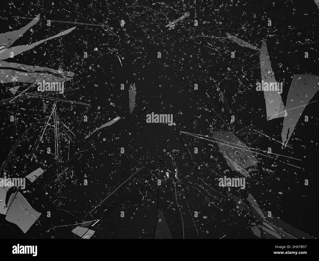 Pieces of shattered glass broken or cracked on black background, 3d illustration; 3d rendering Stock Photo