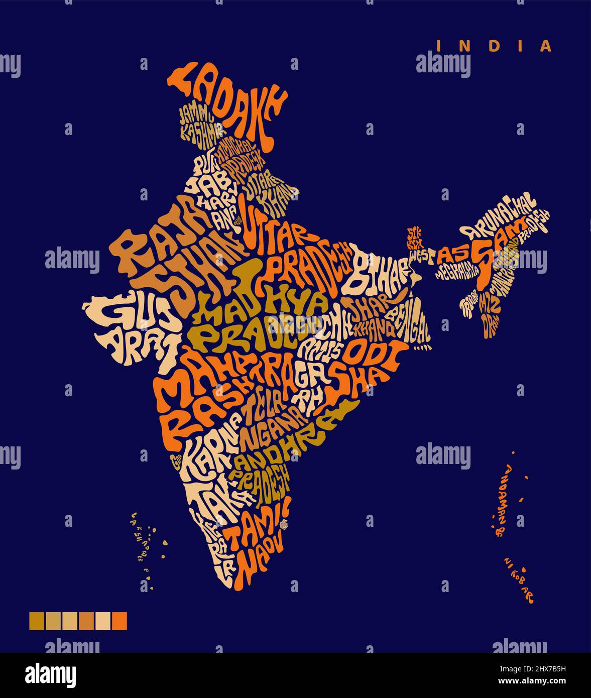 INDIA Map with all Indian states name lettering. India map vector lettering. Typography India map design. Indian all states name in map shape. Bharat Stock Vector