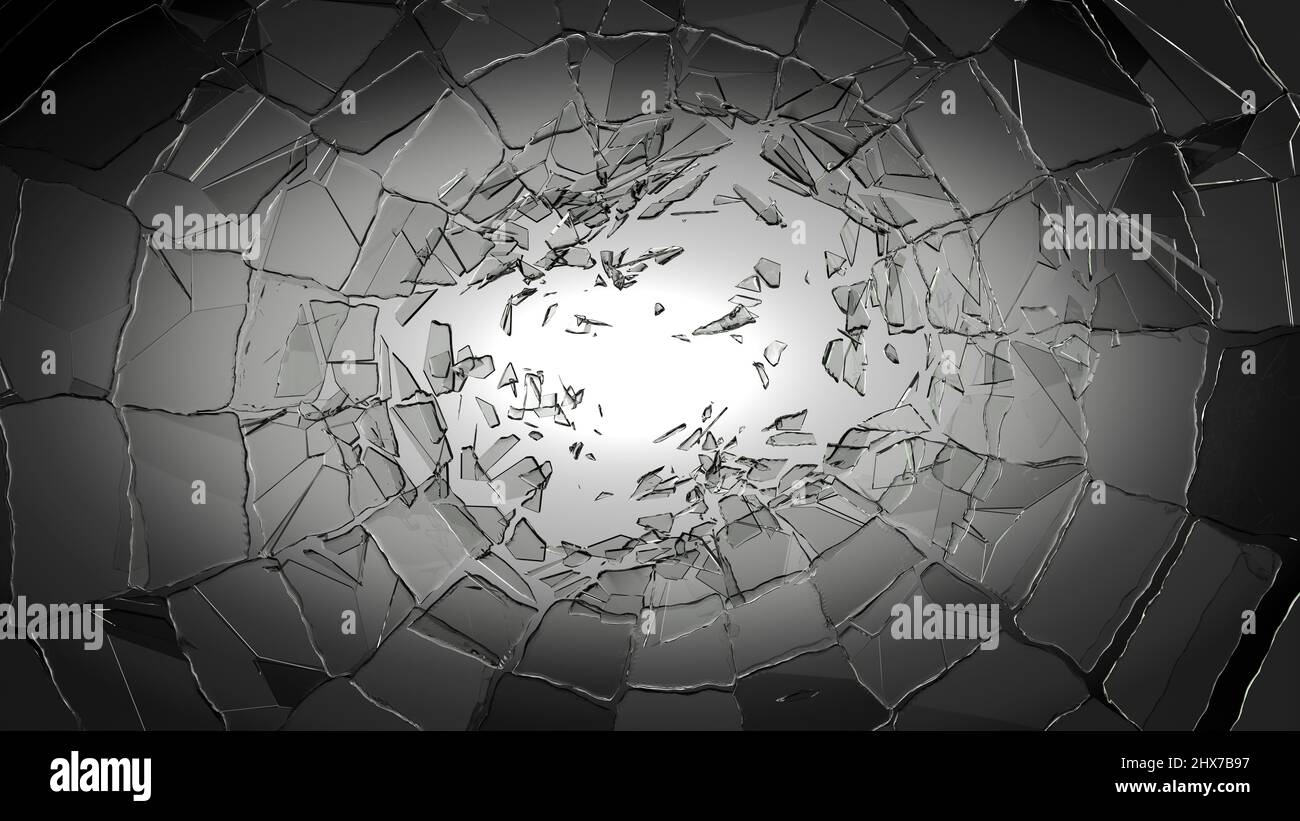 Pieces of glass broken or cracked on spot light vignette background, 3d illustration; 3d rendering Stock Photo
