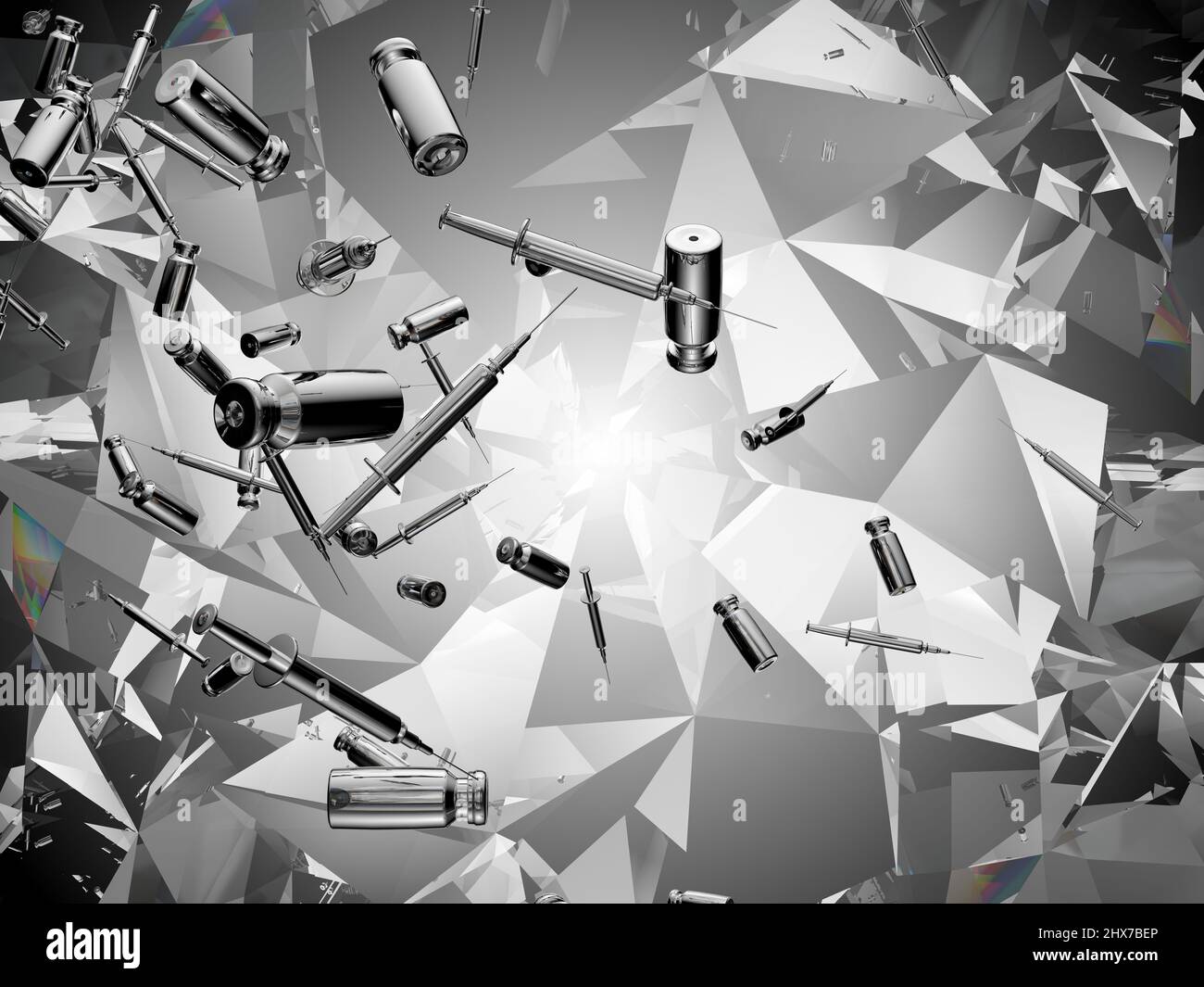 Syringes and medicine vials flow and scatter over kaleidoscope abstraction background. Covid 19 and coronavirus. 3d render, 3d illustration Stock Photo