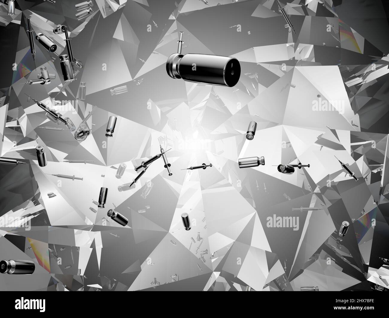 Syringes and medicine vials flow and scatter over kaleidoscope abstraction background. Covid 19 and coronavirus. 3d render, 3d illustration Stock Photo