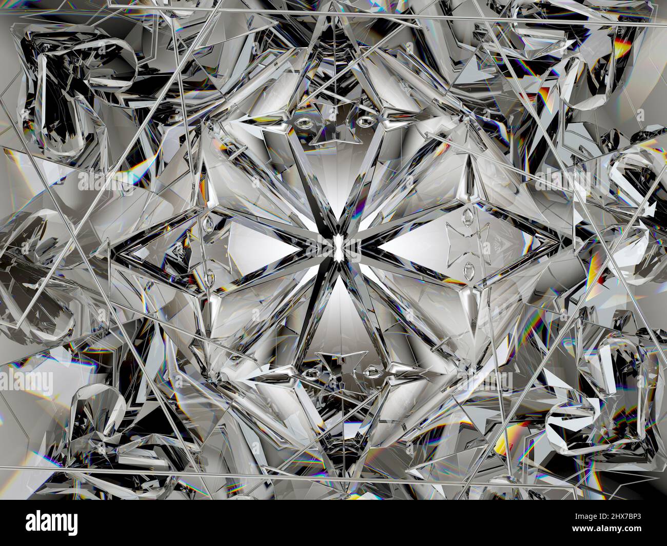 Gemstone diamond or shiny glass triangular texture kaleidoscope background. 3d render, 3d illustration Stock Photo