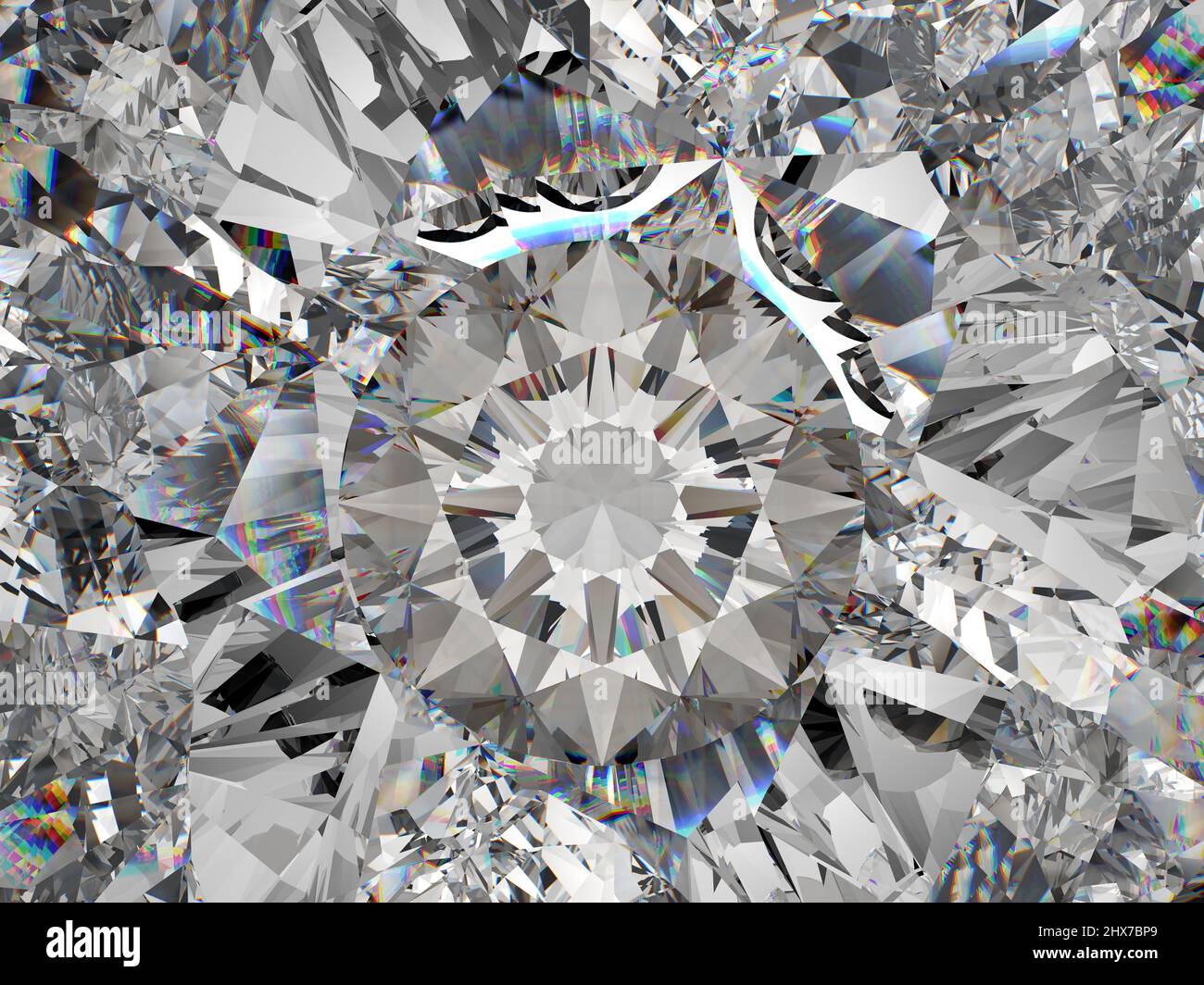 diamond structure star shape and kaleidoscope background. top view of round gemstone 3d render, 3d illustration Stock Photo