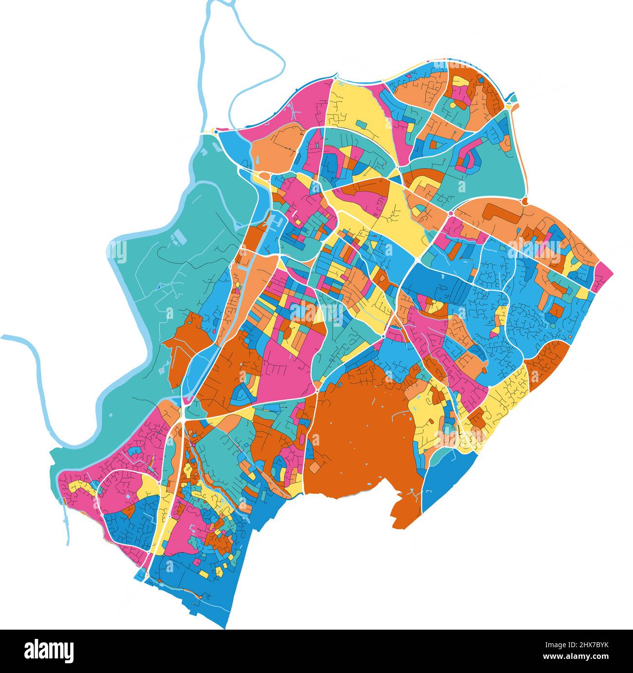 Gloucester, South West England, England colorful high resolution vector art map with city boundaries. White outlines for main roads. Many details. Blu Stock Vector