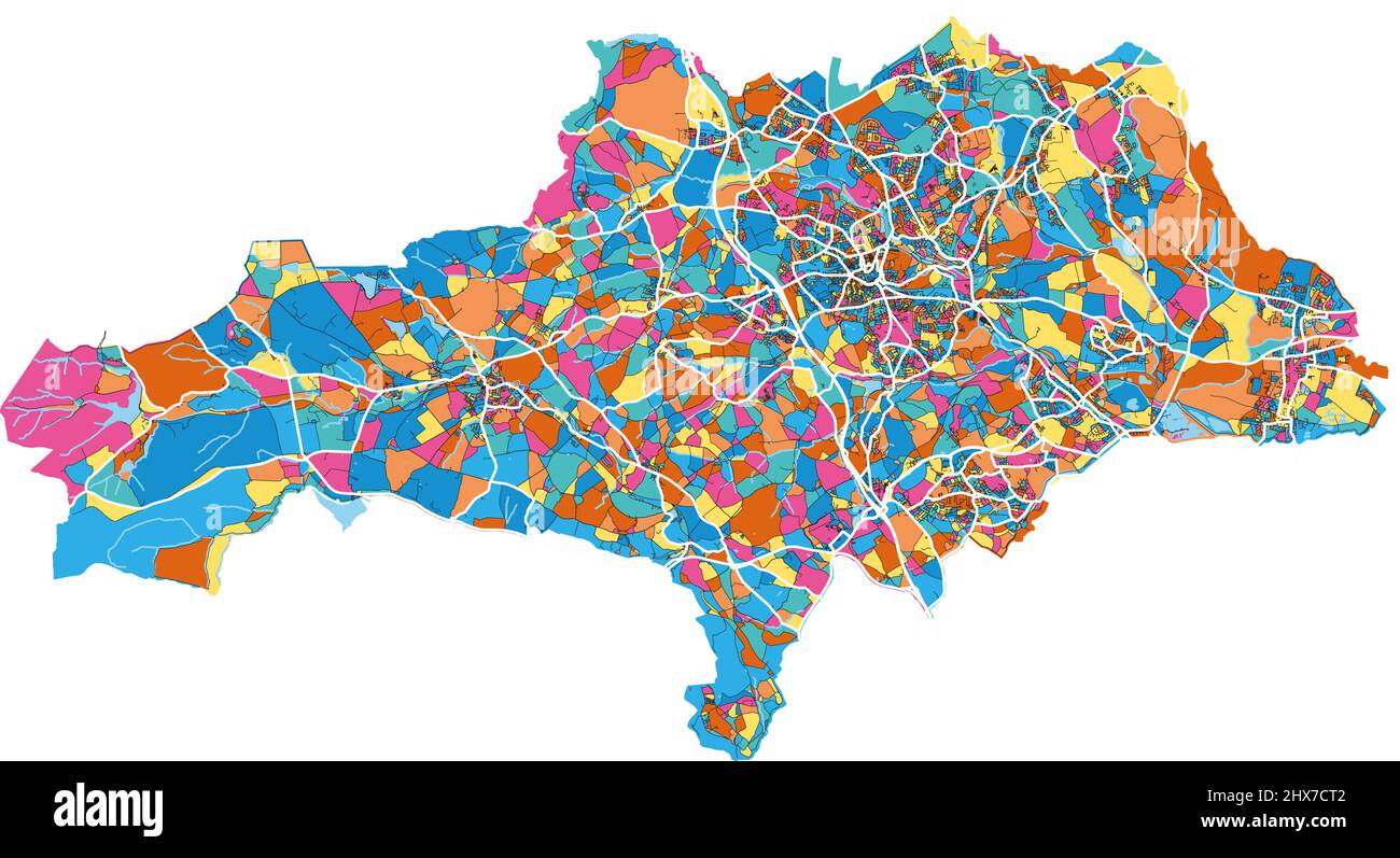 Barnsley, Yorkshire and the Humber, England colorful high resolution vector art map with city boundaries. White outlines for main roads. Many details. Stock Vector