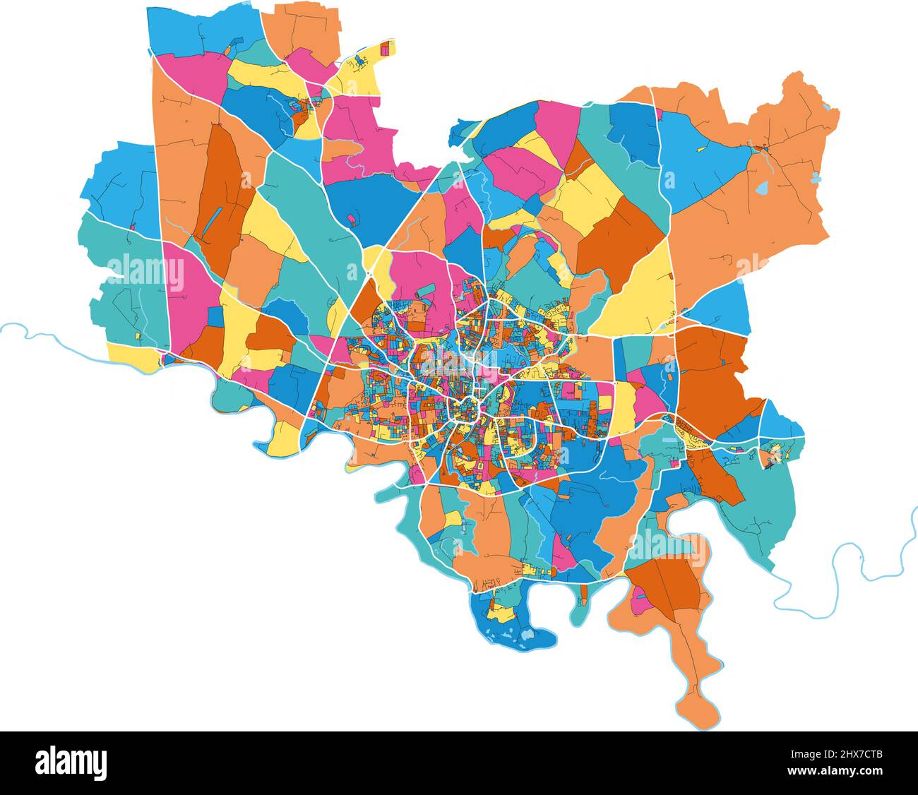 Darlington, North East England, England colorful high resolution vector art map with city boundaries. White outlines for main roads. Many details. Blu Stock Vector