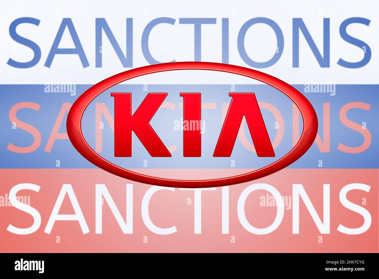 KIA logo in front of the Russian flag. Sanctions against Russia over its invasion of Ukraine. March 2022, San Francisco, USA Stock Photo