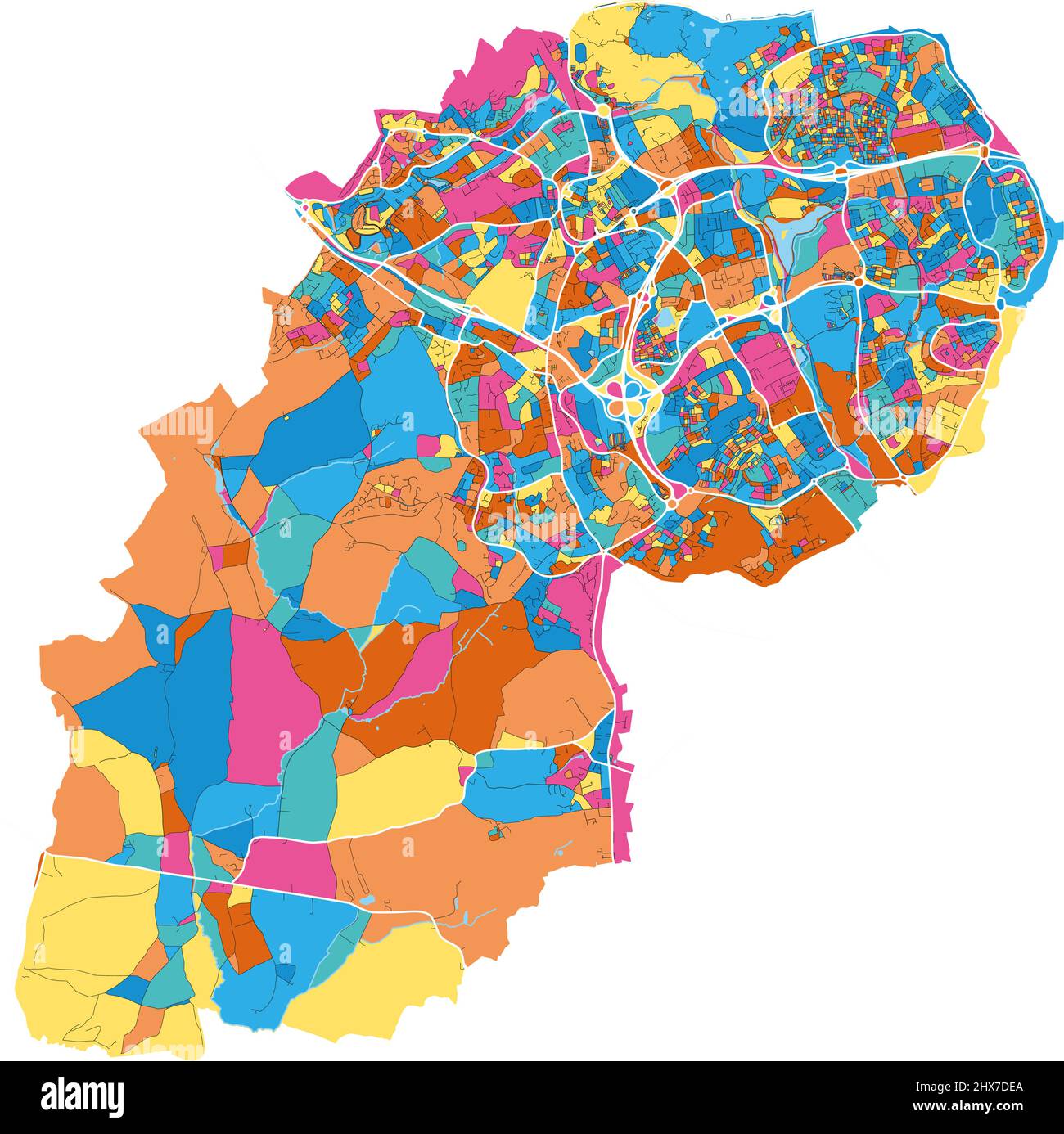 Redditch, West Midlands, England colorful high resolution vector art map with city boundaries. White outlines for main roads. Many details. Blue shape Stock Vector