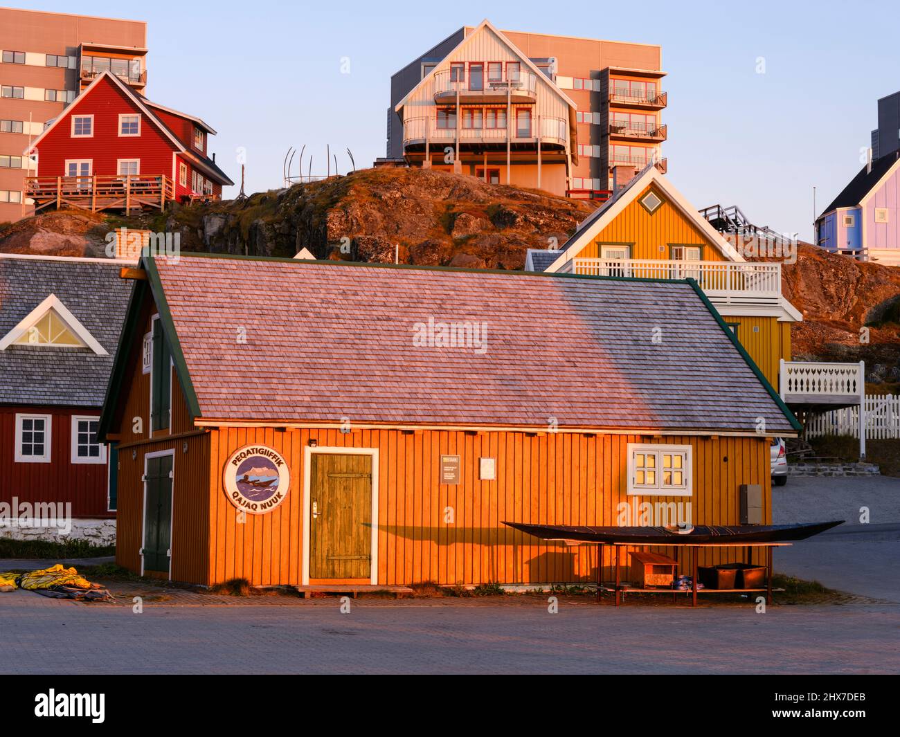 Building of the local Kayak club in the old town at the colonial harbour. Nuuk the capital of Greenland during late autumn. America, North America, Gr Stock Photo