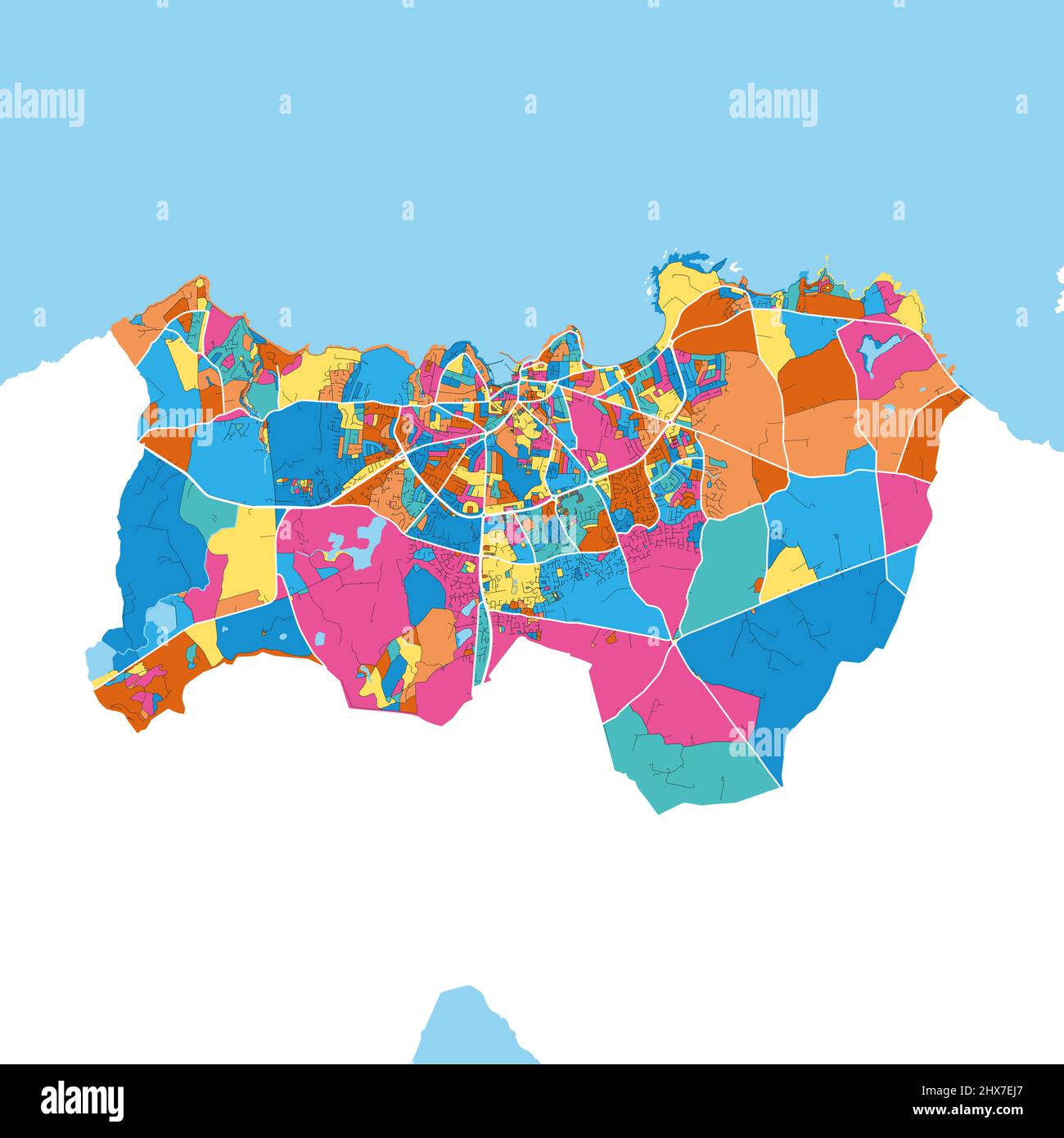 Bangor, Down, Nordirland colorful high resolution vector art map with city boundaries. White outlines for main roads. Many details. Blue shapes for wa Stock Vector