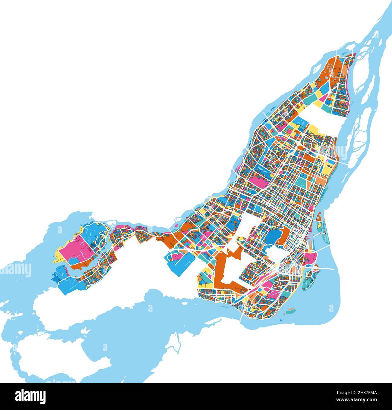 Montreal, Quebec, Canada colorful high resolution vector art map with city boundaries. White outlines for main roads. Many details. Blue shapes for wa Stock Vector