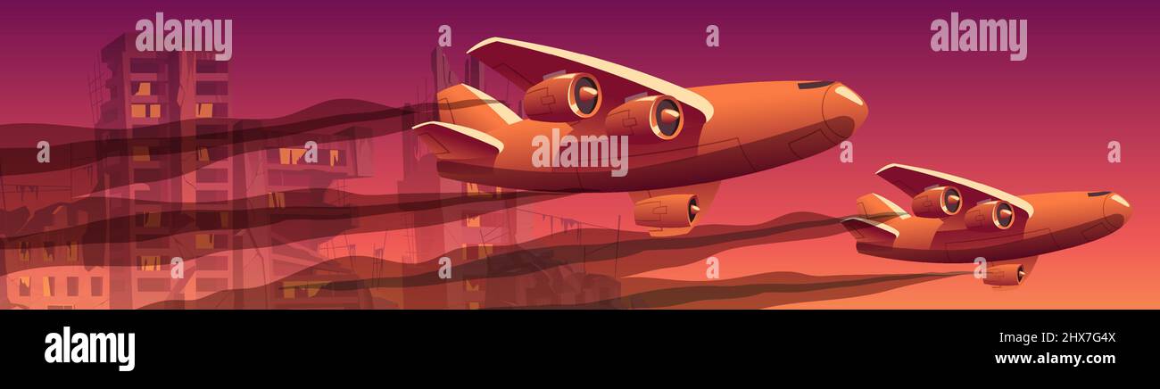 War on the Ukraine, military campaign concept with planes flying in red sky with smog trails on destroyed cityscape background. Bomber airplanes fighters, army aircraft, Cartoon vector illustration Stock Vector