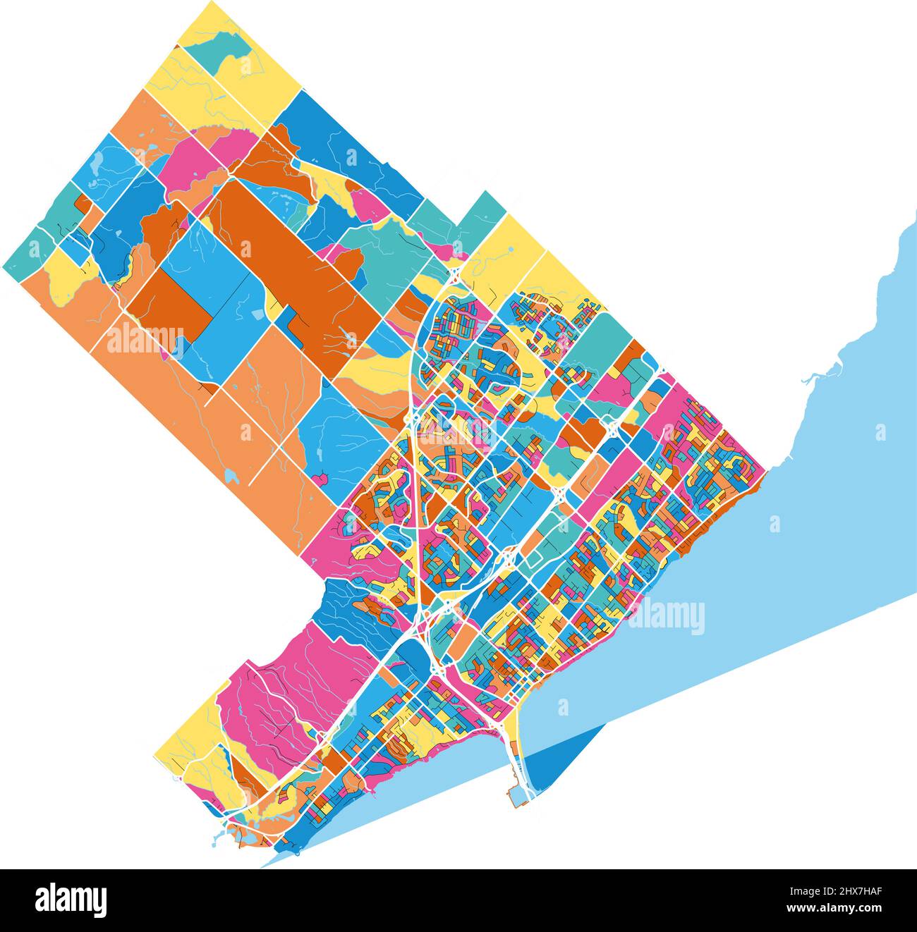 Burlington, Ontario, Canada colorful high resolution vector art map with city boundaries. White outlines for main roads. Many details. Blue shapes for Stock Vector