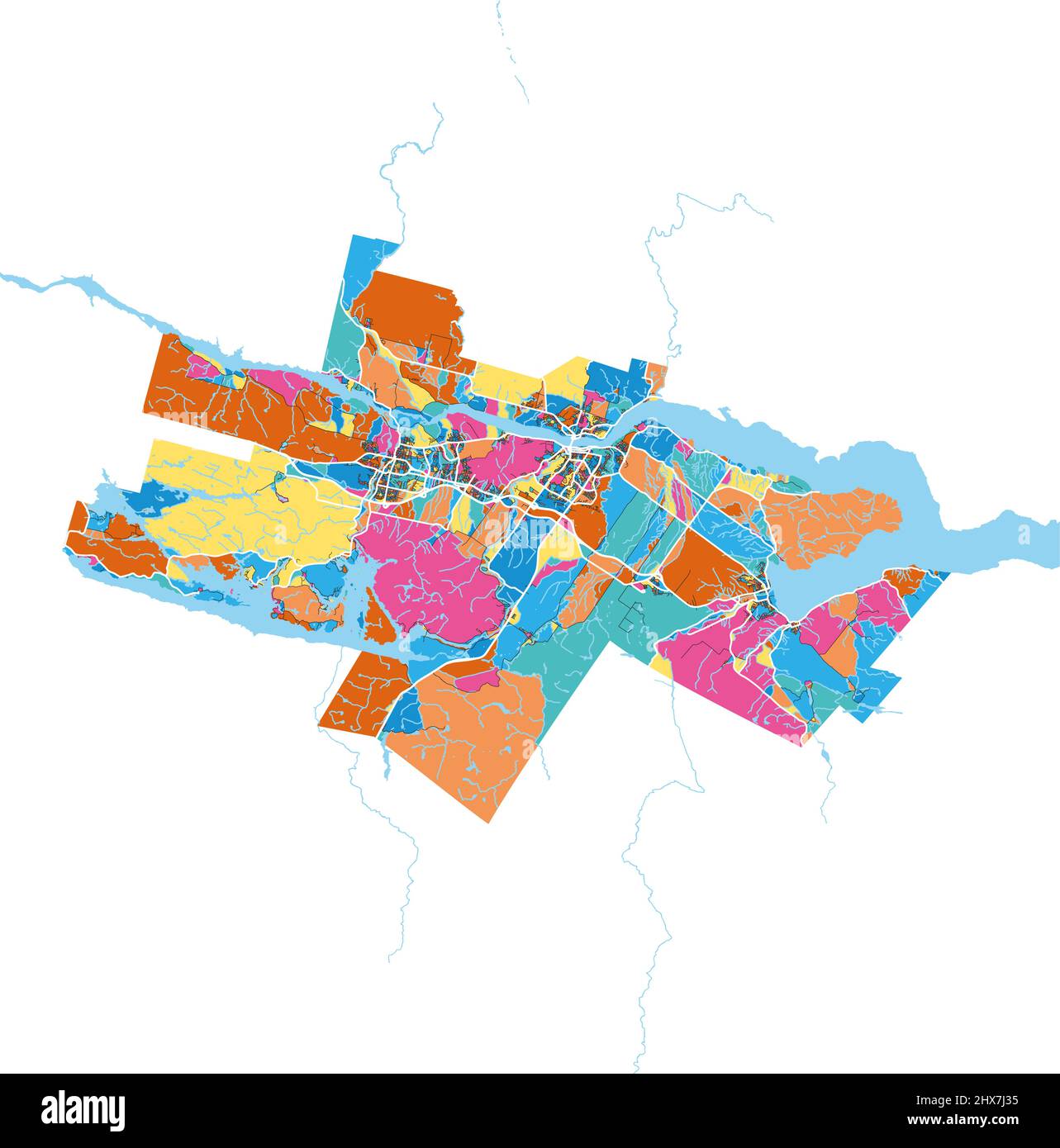 Saguenay, Quebec, Canada colorful high resolution vector art map with city boundaries. White