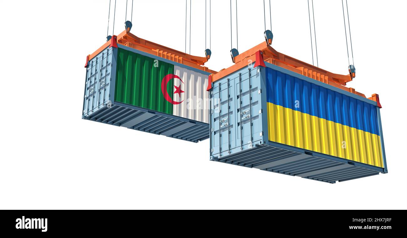 Cargo containers with Algeria and Ukraine national flags. 3D Rendering Stock Photo