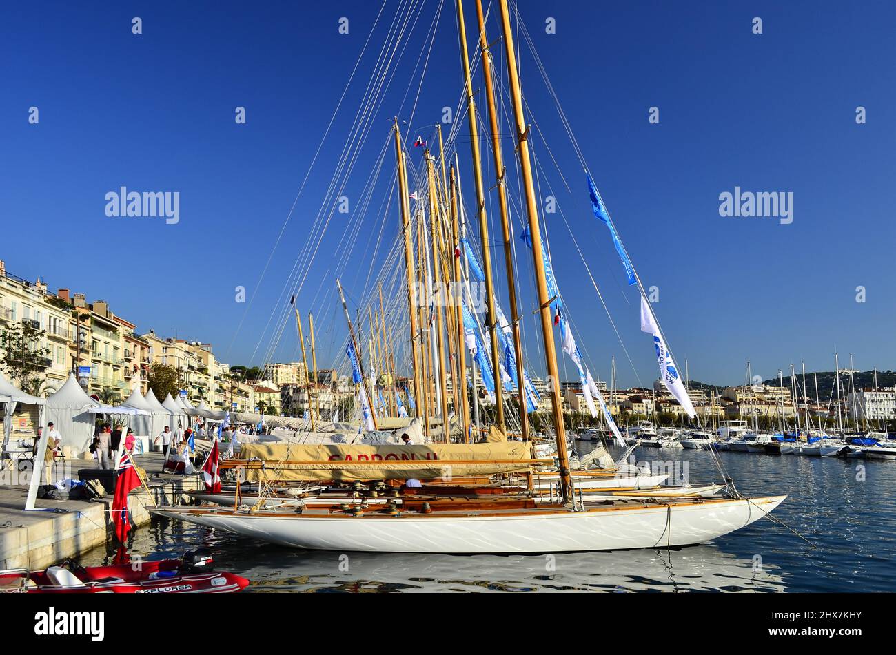 Sailboats in marina, sunny French Riviera, city of Cannes in the province of Alpes-Maritimes southern France. Stock Photo