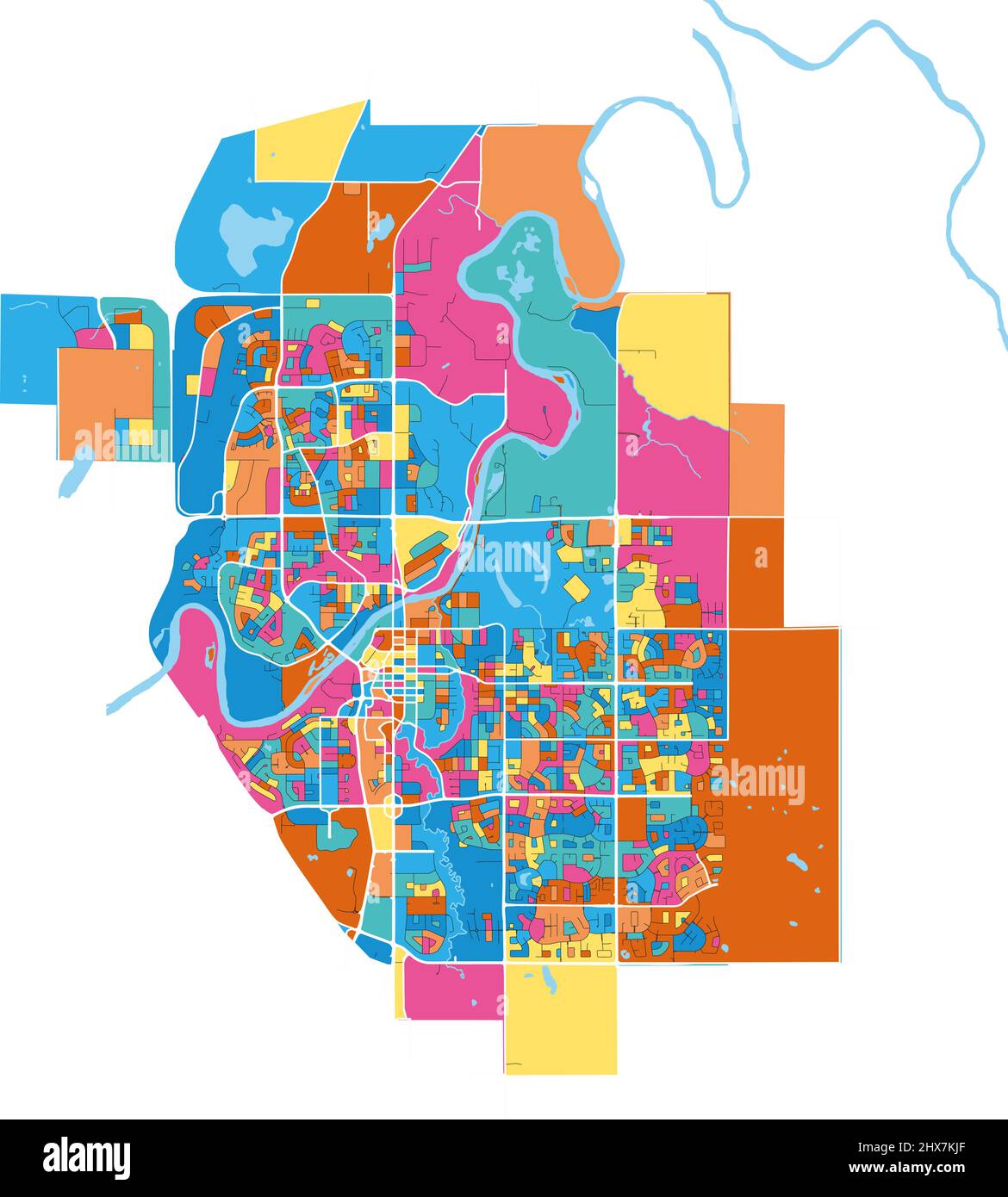RedDeer, Alberta, Canada colorful high resolution vector art map with city boundaries. White outlines for main roads. Many details. Blue shapes for wa Stock Vector